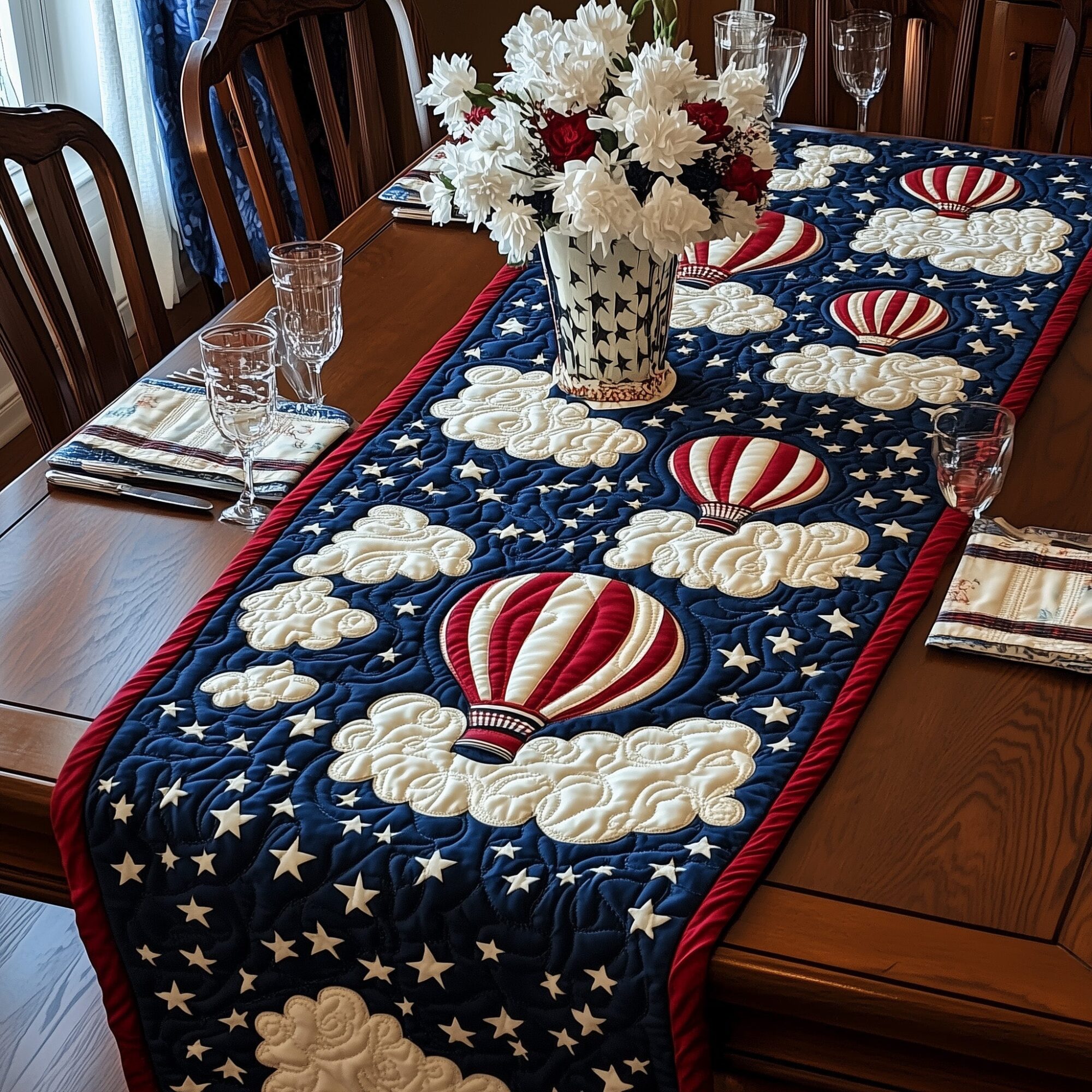 Patriotic Hot Air Balloon Quilted Table Runner Fourth Of July Centerpieces Patriotic Gifts For Dad