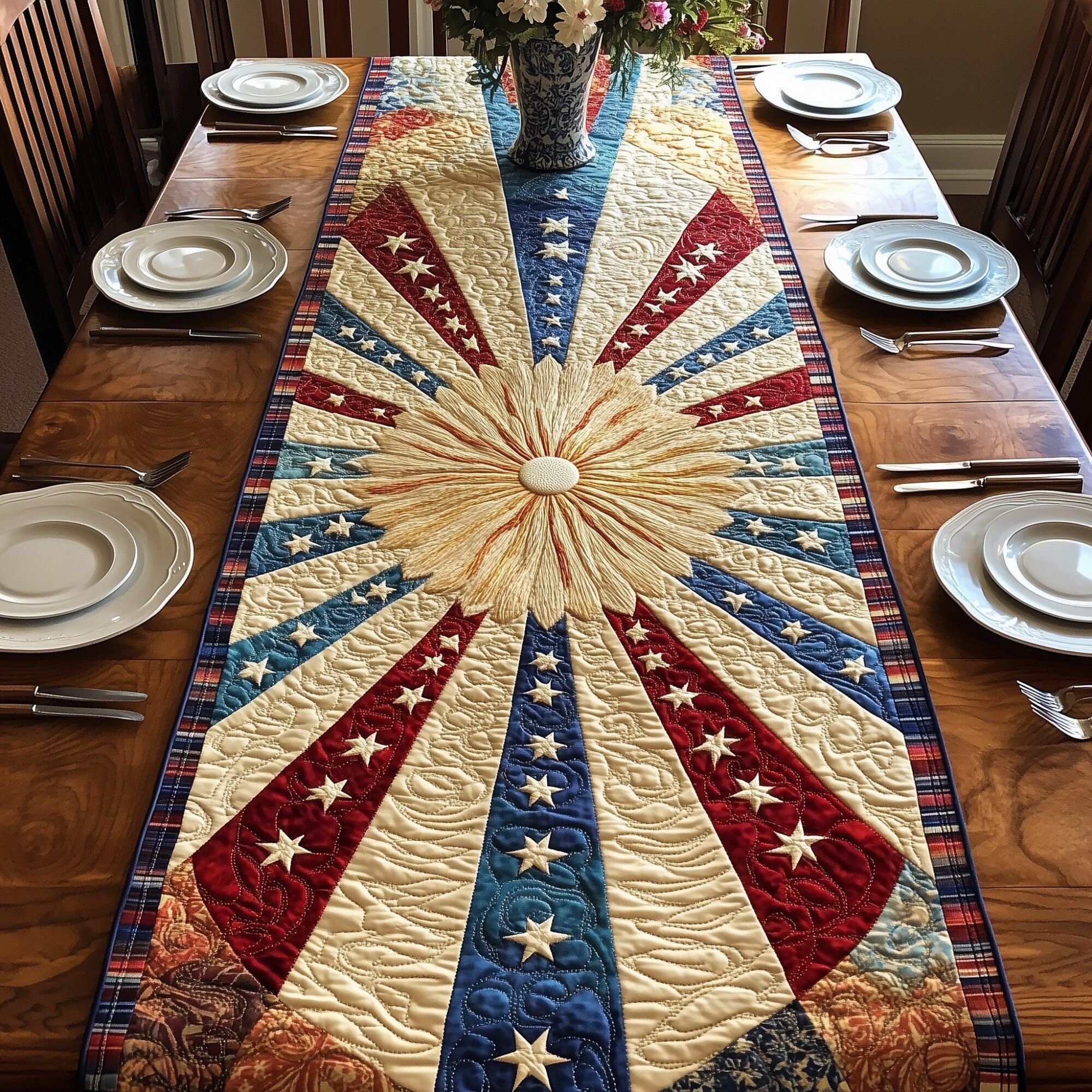 Patriotic Sun Quilted Table Runner 4th Of July Table Decorations Fourth Of July Gift Ideas