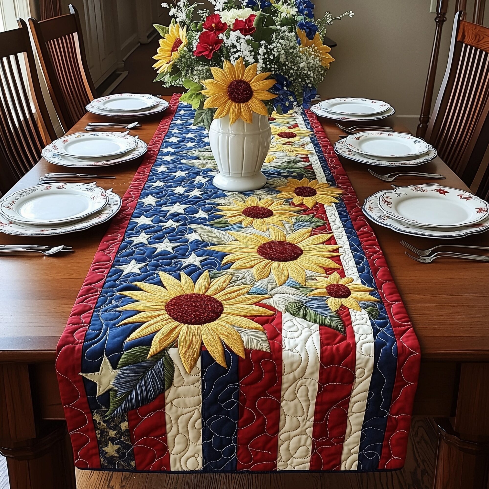 Patriotic Sunflower Quilted Table Runner Fourth Of July Table Decoration Ideas Patriotic Gifts For Him