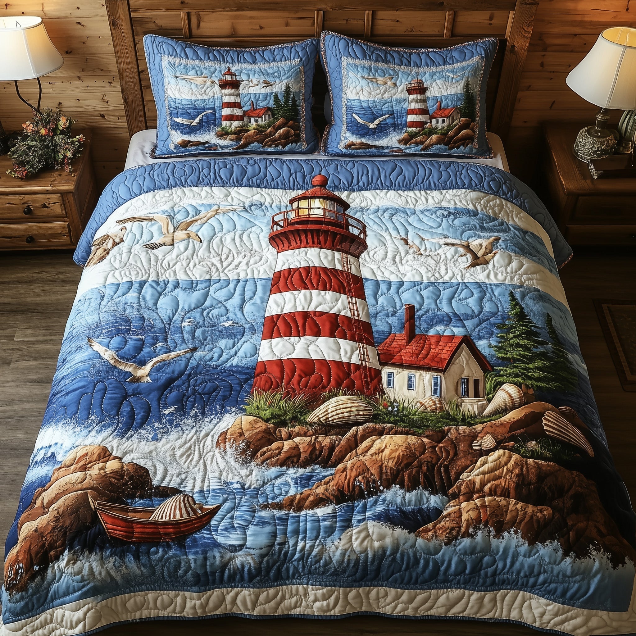 Peaceful Lighthouse Quilted Bedding Set Best King Bed Sheets Lighthouse Gifts For Her