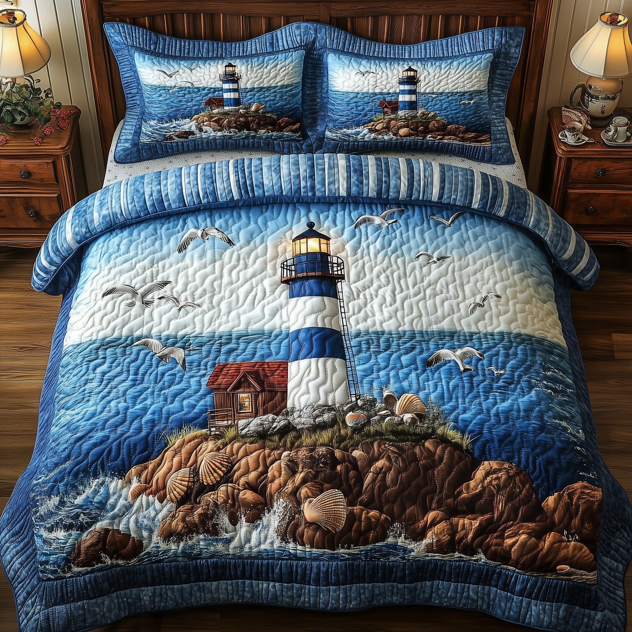 Peaceful Lighthouse Quilted Bedding Set Unique Bed Sheet Set Best Lighthouse Gifts