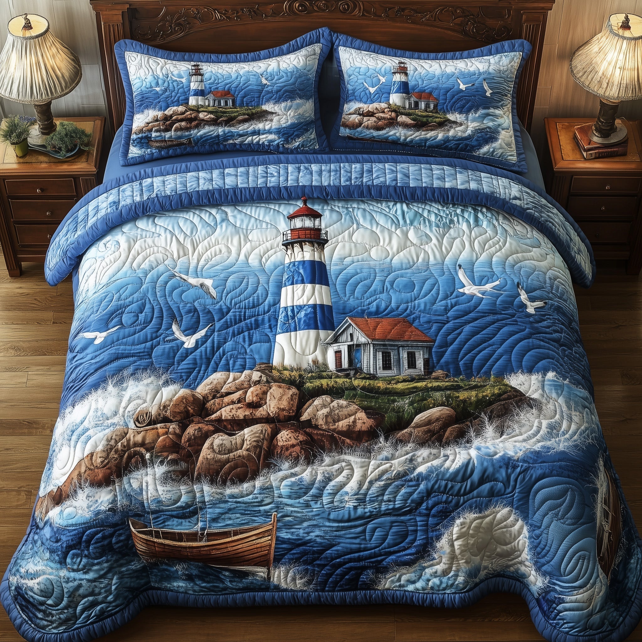 Peaceful Lighthouse Quilted Bedding Set Unique Bed Sheets Lighthouse Gifts Items