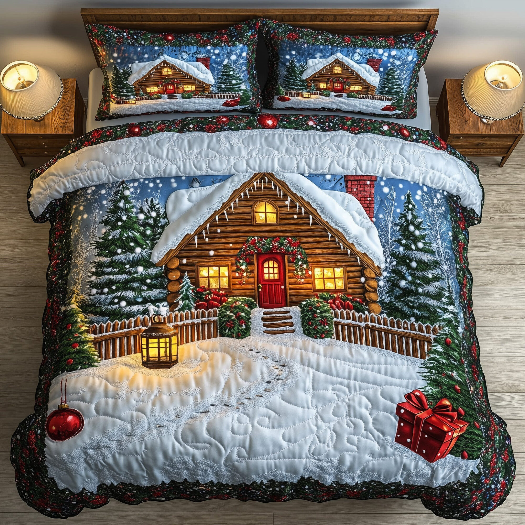 Peaceful Snow Cabin Quilted Bedding Set Christmas Wooden House Design Bedding Gifts