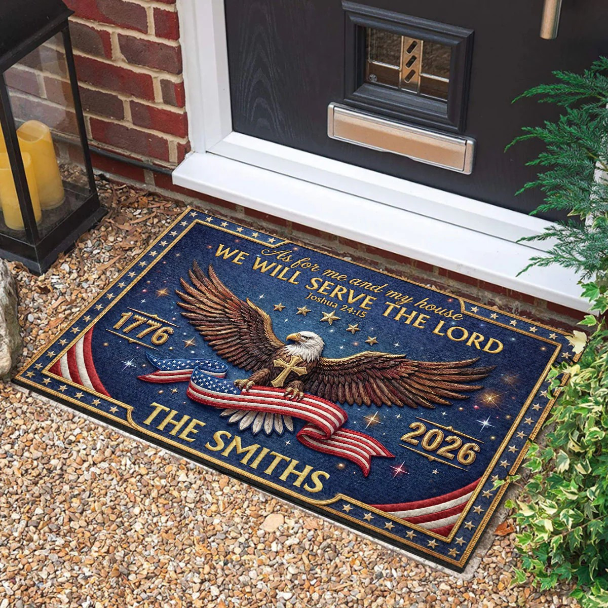 Personalized Eagle We Will Serve The Lord Doormat July 4 Decor Independence Day Gift - Image 2