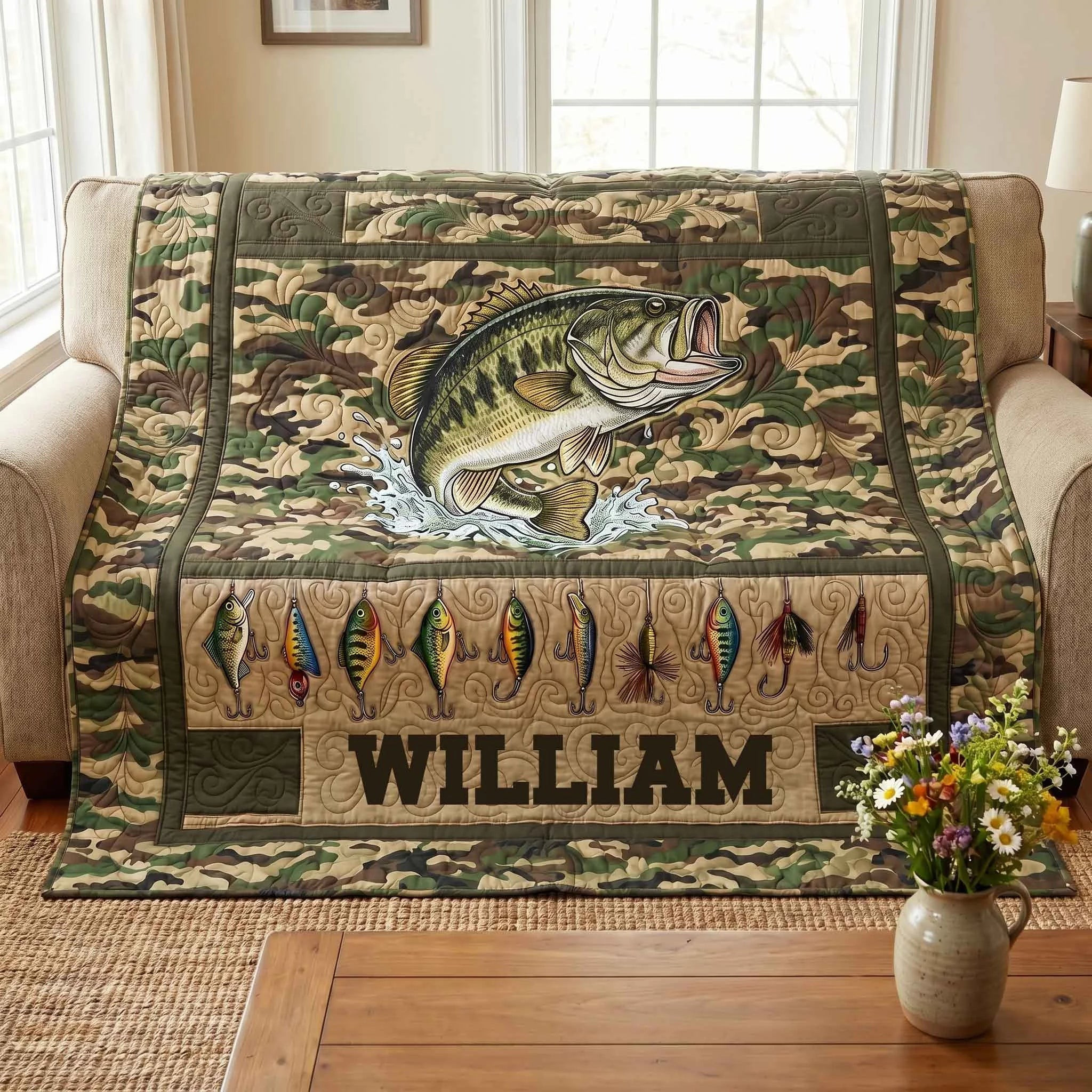 Personalized Fishing Camo Quilted Blanket Gift For Fishing Enthusiast