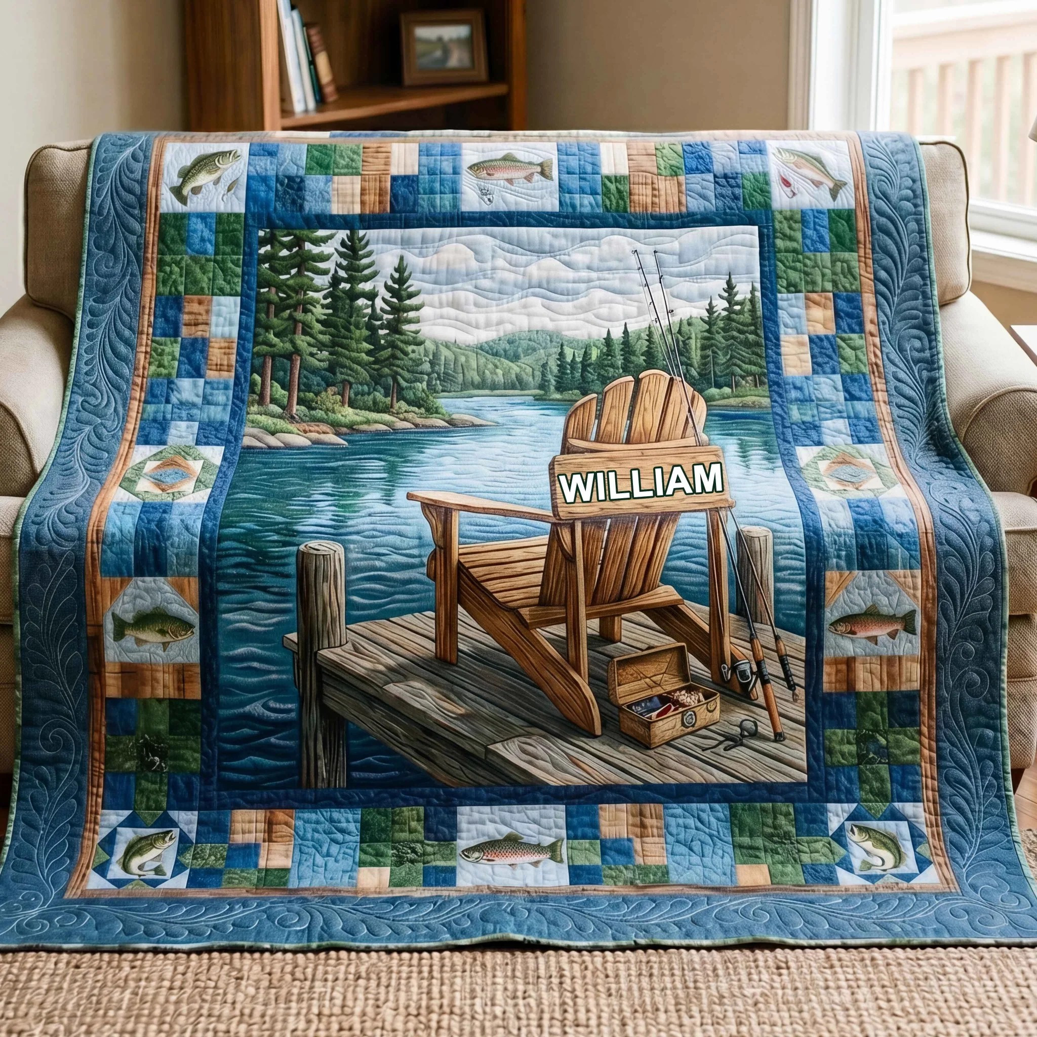 Personalized Lake Escape Quilted Blanket Living Room Decor Gift For Fisherman