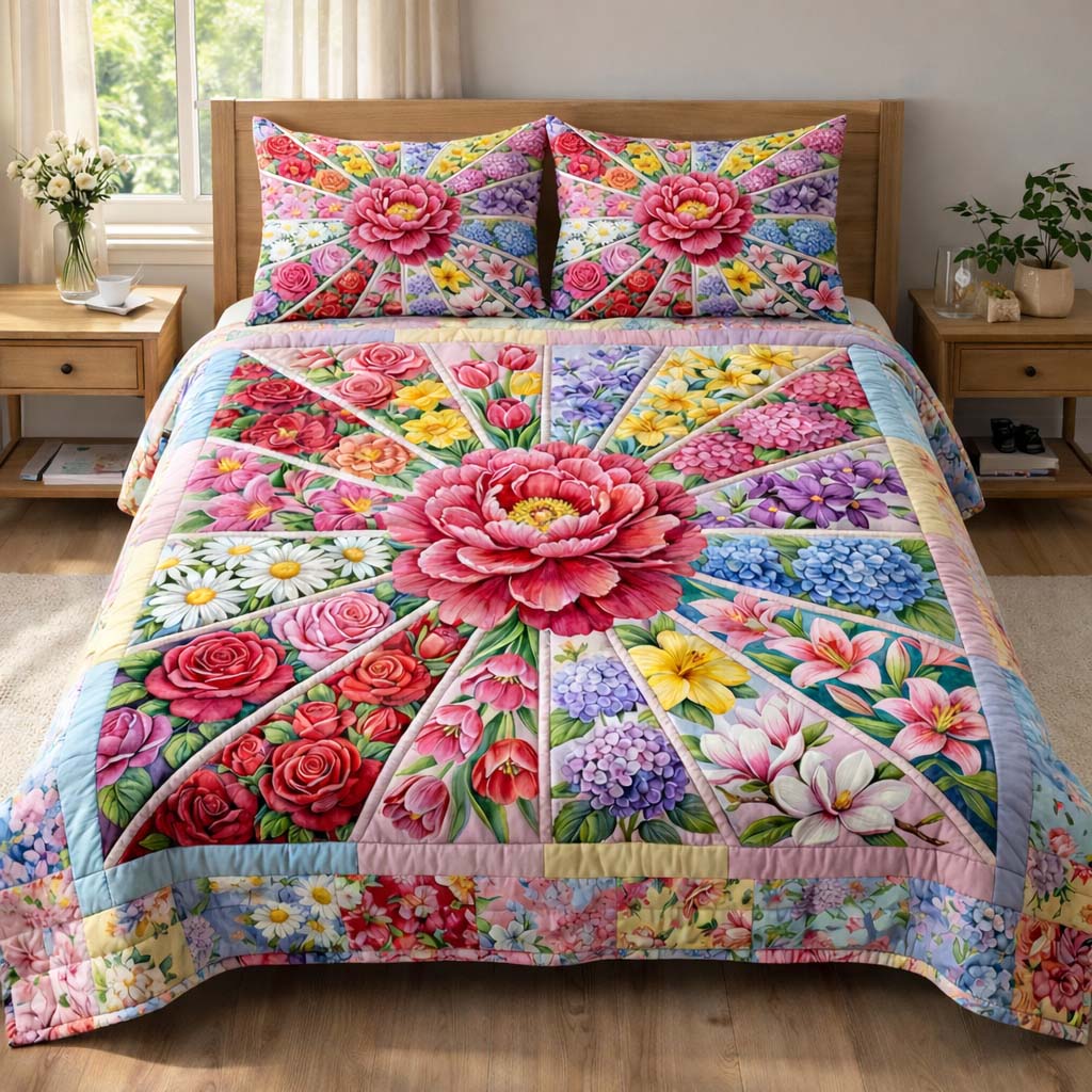 Petal Burst Quilted Bedding Set Best King Bed Sheets Gift For Your Mother