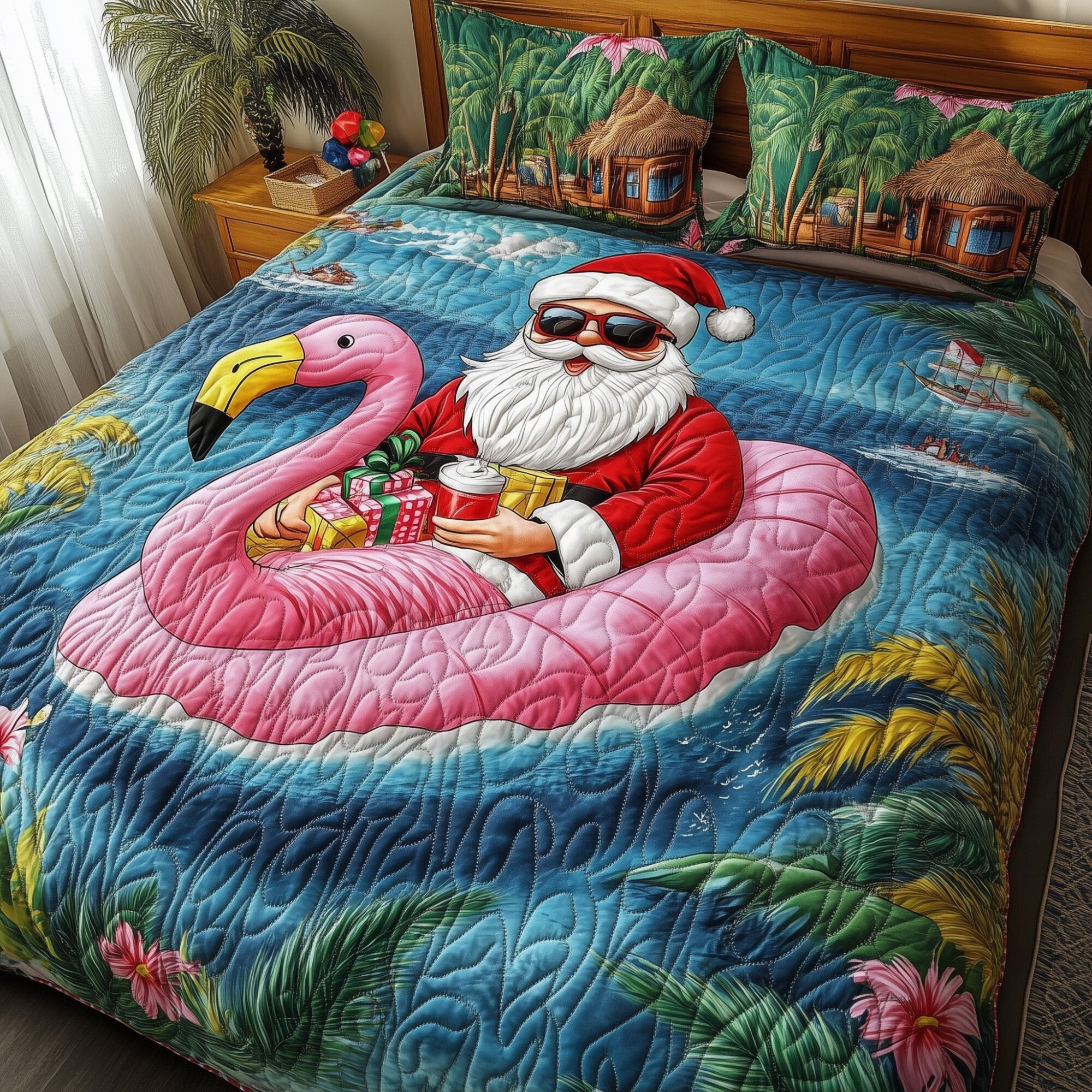 Pink Flamingo Satna Quilted Bedding Christmas Holiday Decor Best Xmas Bedroom Decor Gifts