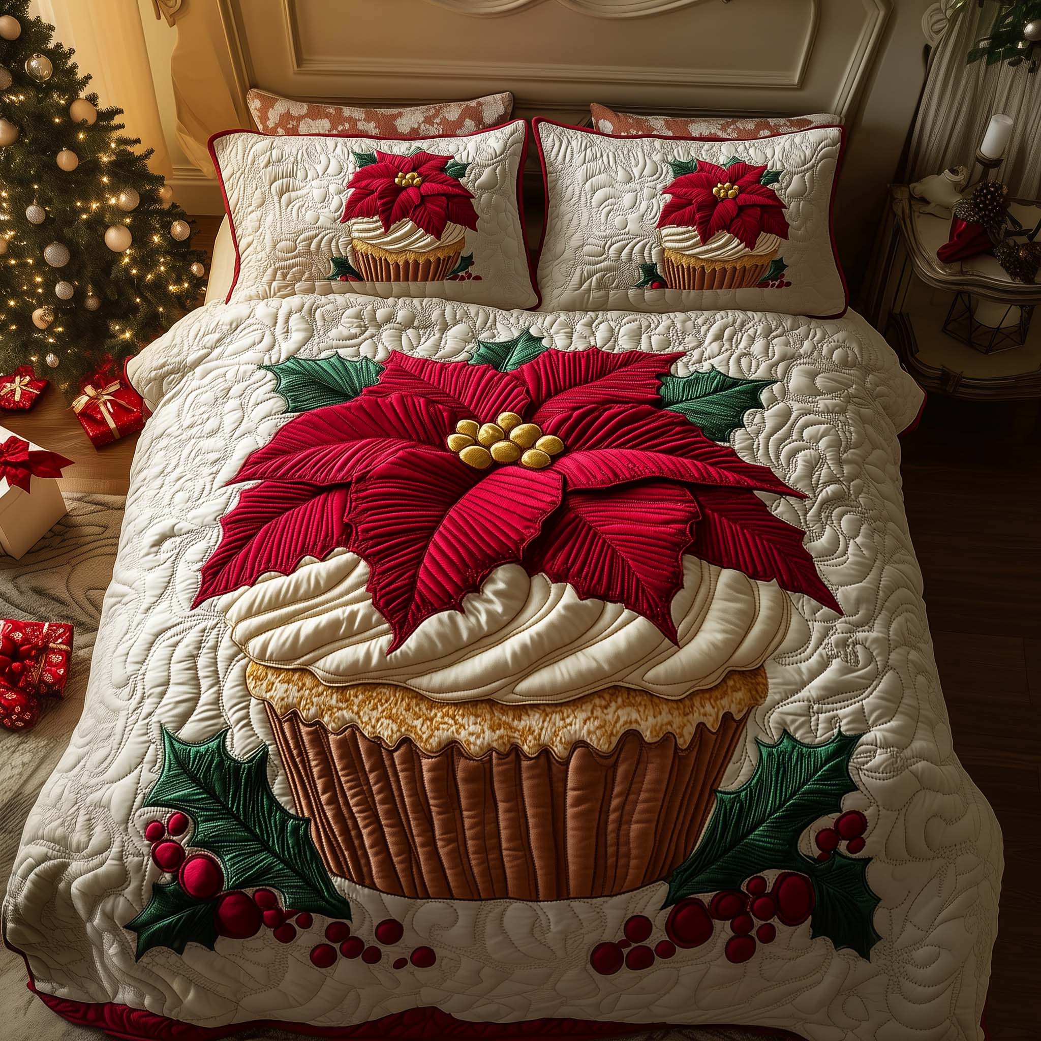 Poinsettia Cupcake Quilted Bedding Set Cute Christmas Bedrooms Top Christmas Gifts For Girlfreind