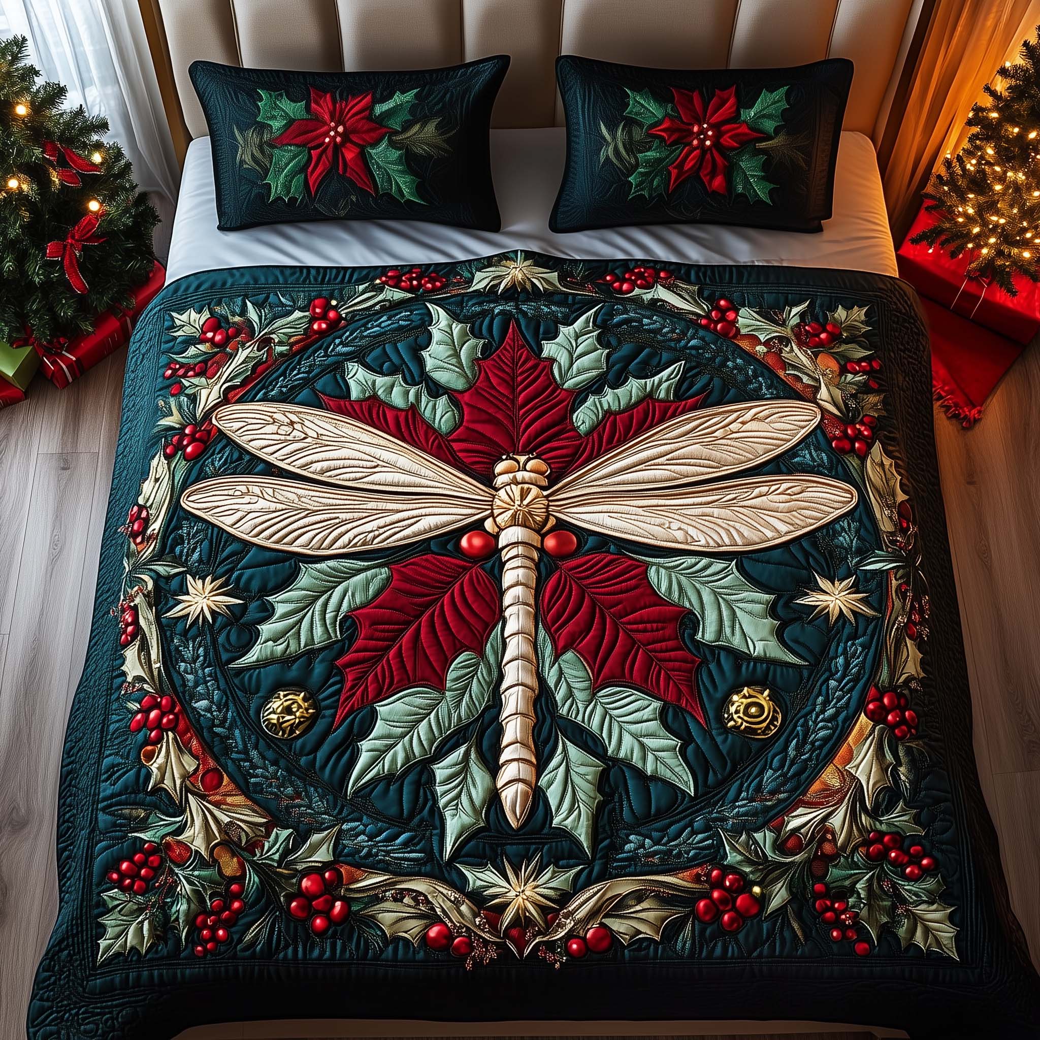 Poinsettia Dragonfly Quilted Bedding Set Bedroom Xmas Decor Best Dragonfly Lover Gifts For Her