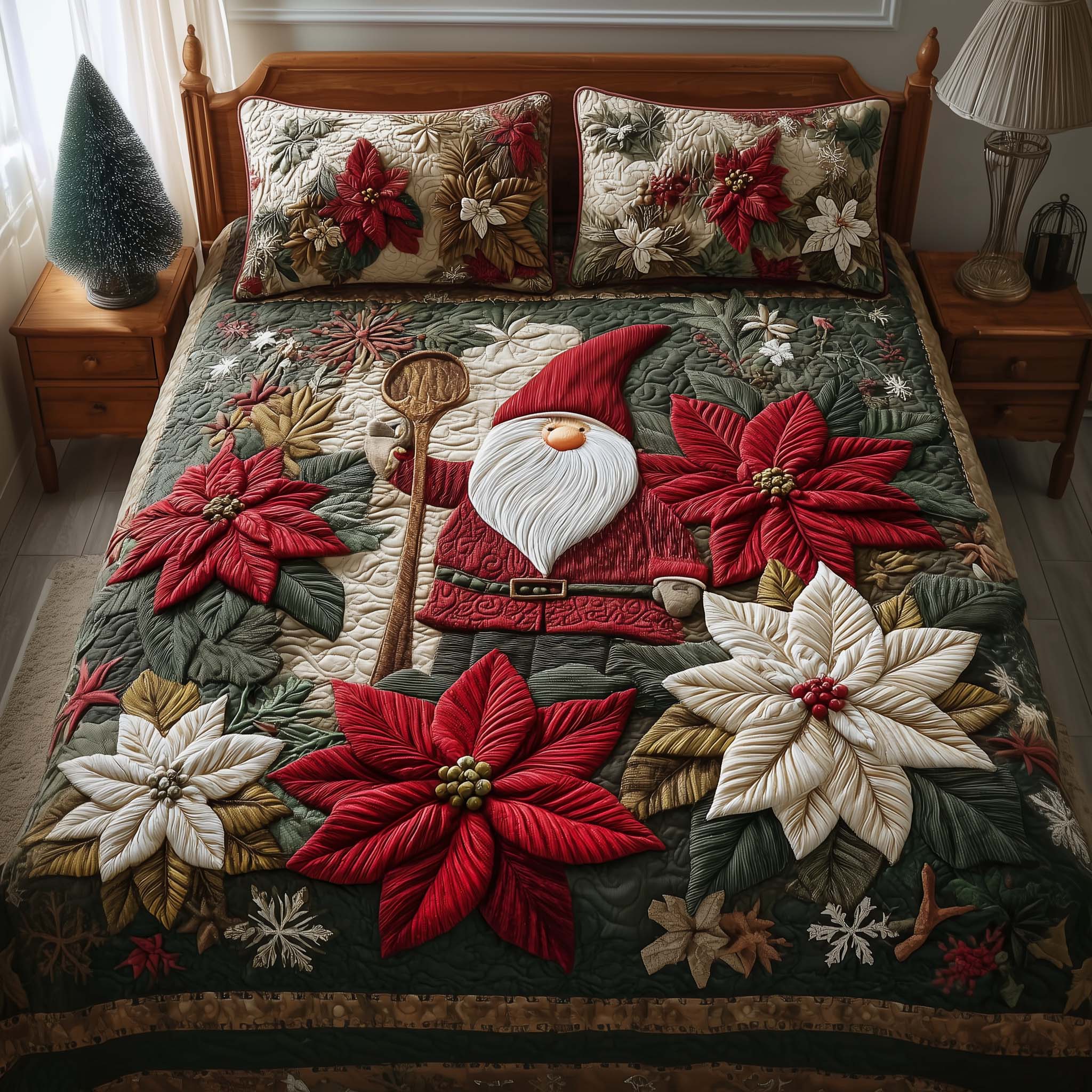 Poinsettia Gnome Quilted Bedding Set Xmas Comforters Funny Gnome Gifts