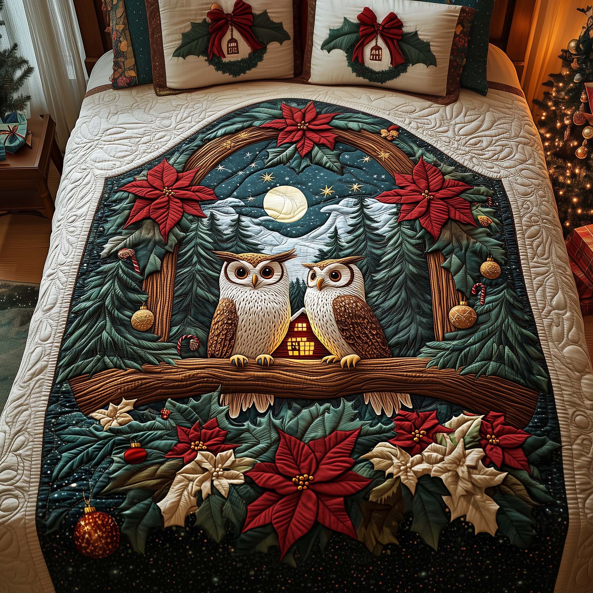 Poinsettia Owls Quilted Bedding Set Christmas Decoration Ideas Room Best Gifts For Owl Lovers