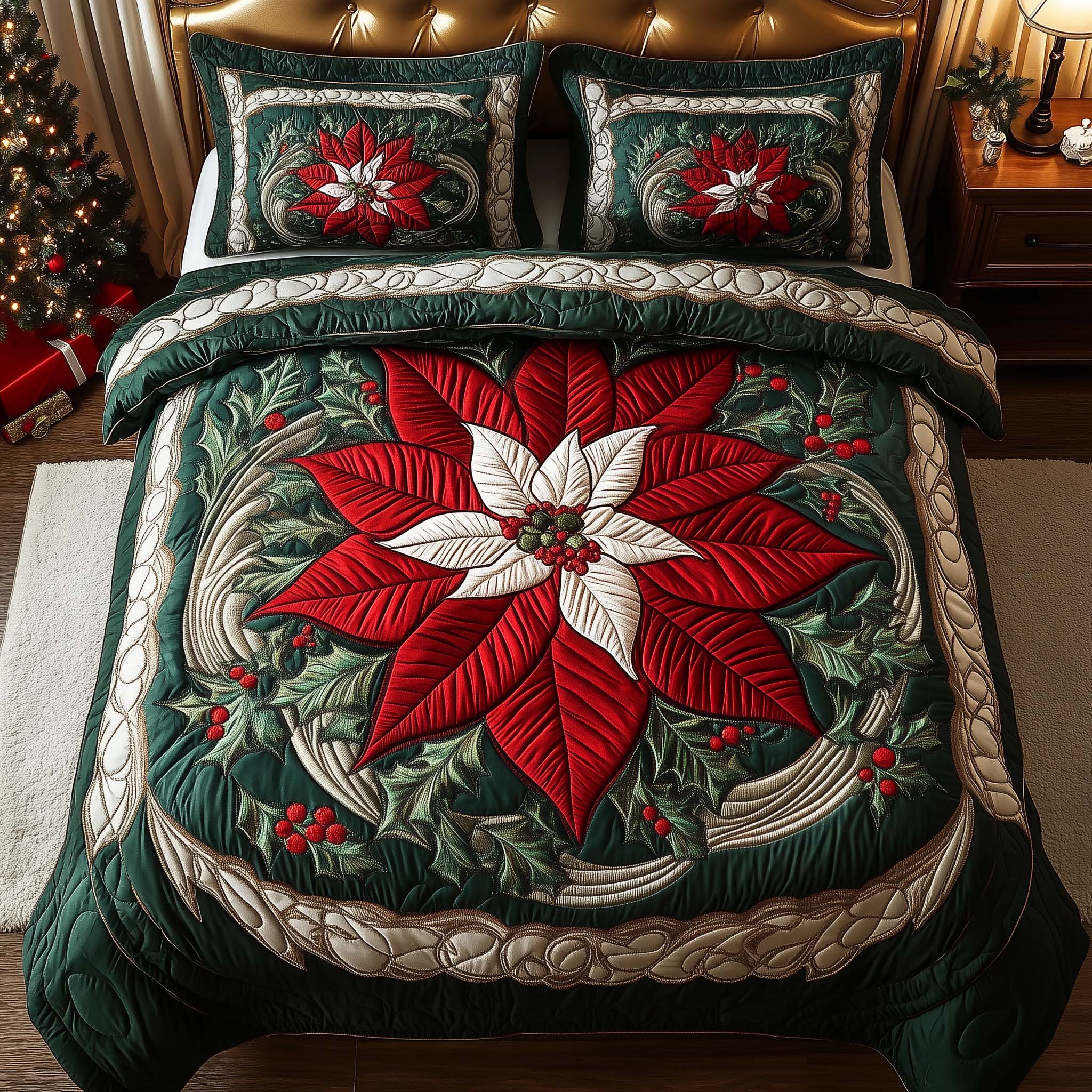 Poinsettia Quilted Bedding Set Cute Christmas Bedroom Christmas Gifts For Husband