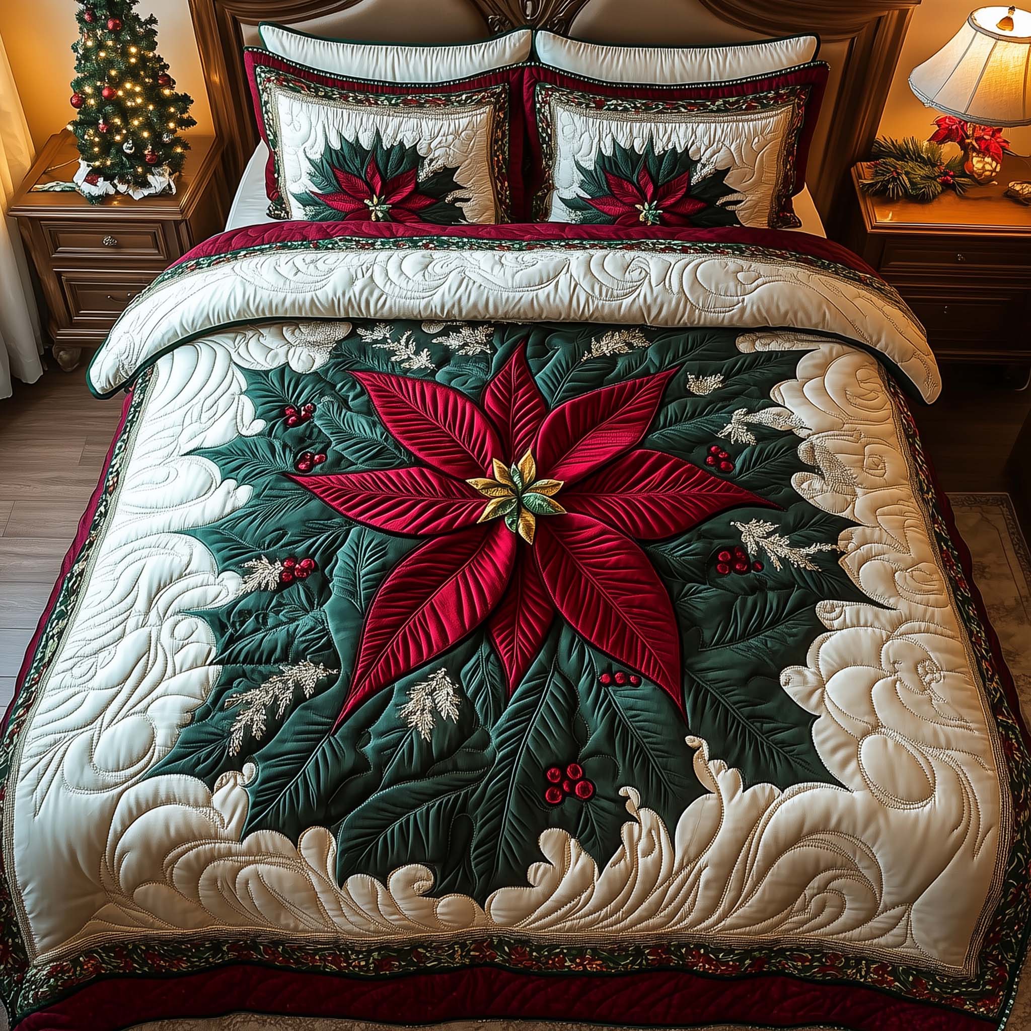 Poinsettia Quilted Bedding Set Holiday Bedroom Decor Christmas Gifts For Husband