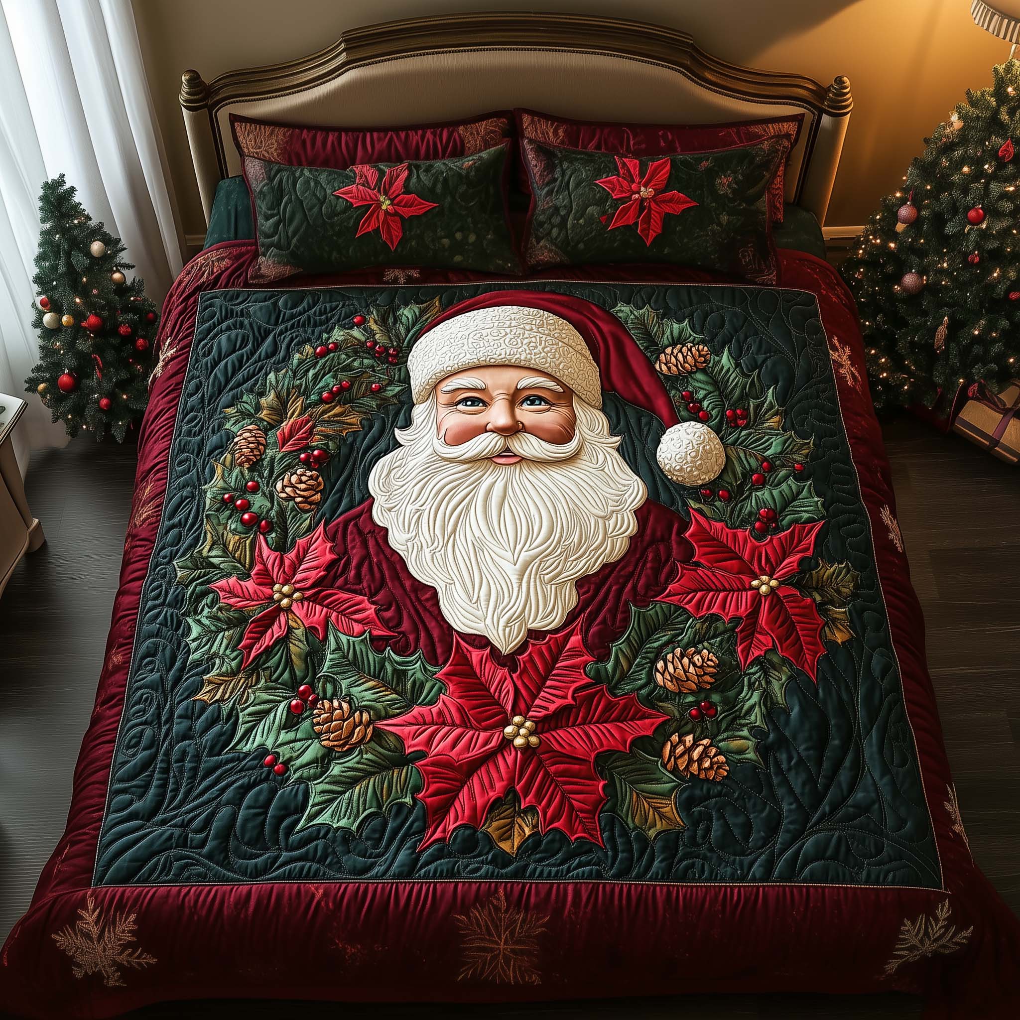 Poinsettia Santa Quilted Bedding Set Xmas Bedroom Decor Christmas Gifts For Men