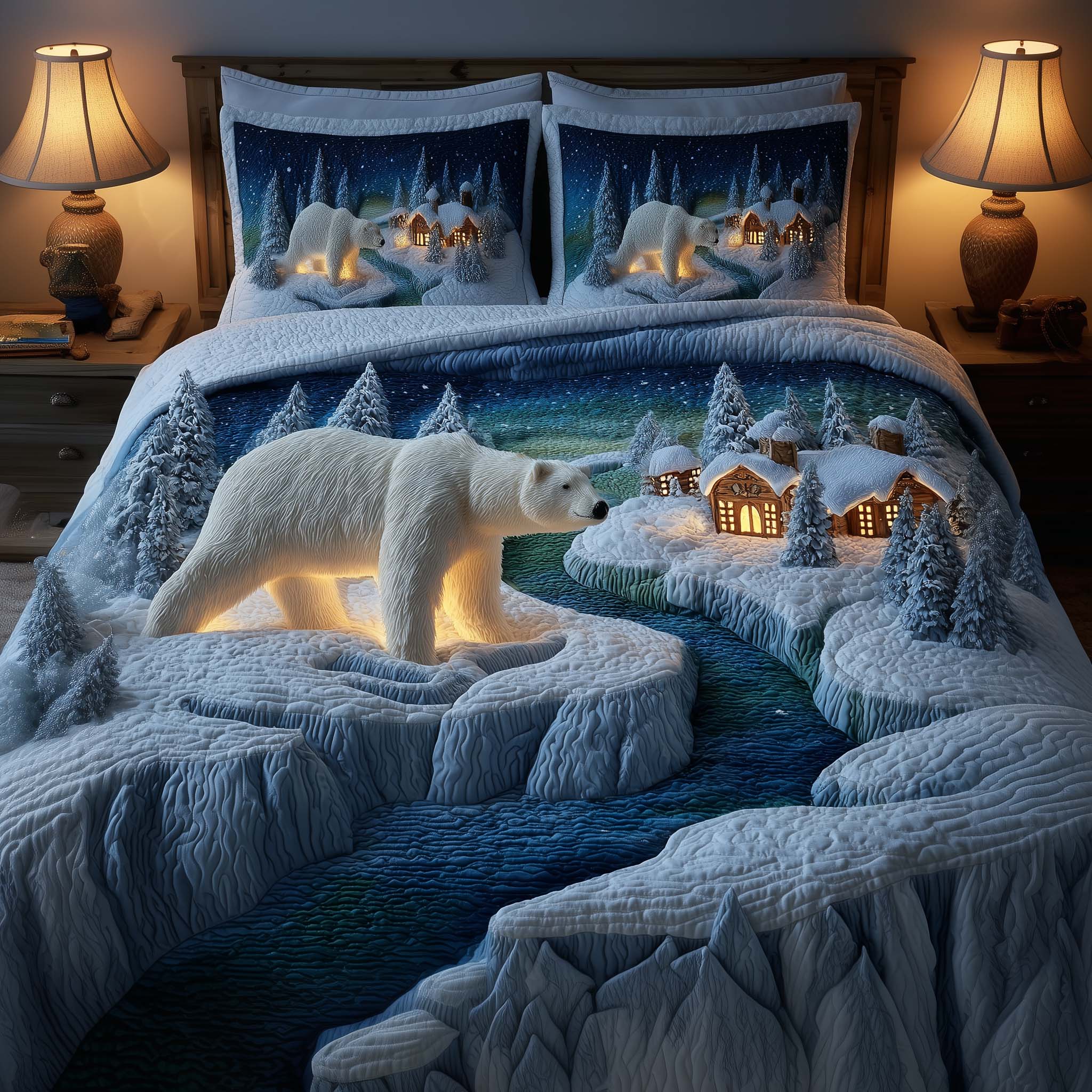 Polar Bear Quilted Bedding Set Cover Bed Set Presents For Bear Lovers