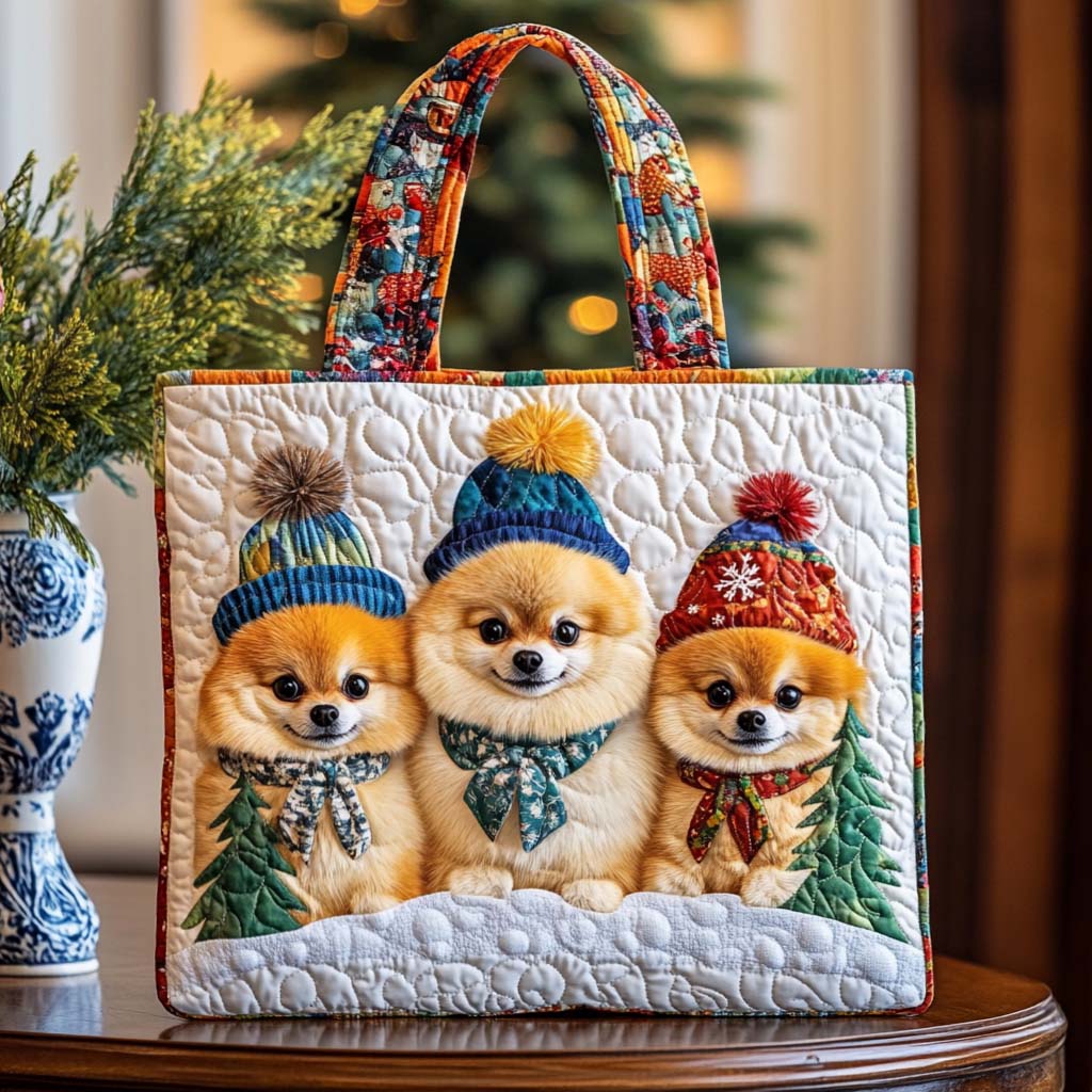 Pom Winter Trio Quilted Tote Bag Christmas Handbag Christmas Present Ideas