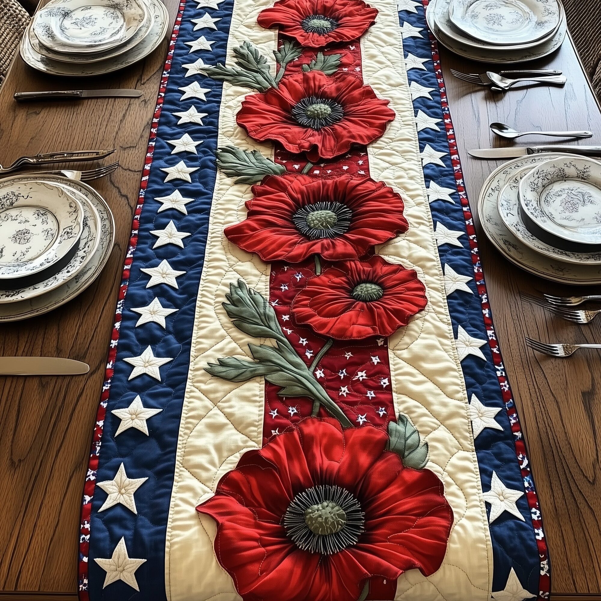 Poppies Quilted Table Runner Red White Blue Table Decorations Best Patriotic Gifts