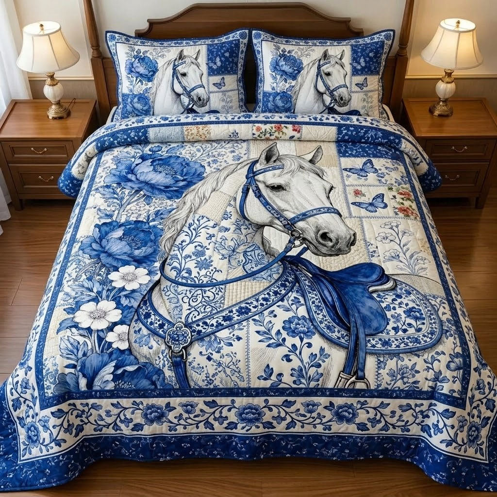 Porcelain Horse Quilted Bedding Set Comforter Sets Queen Wedding Gift For Horse Lovers