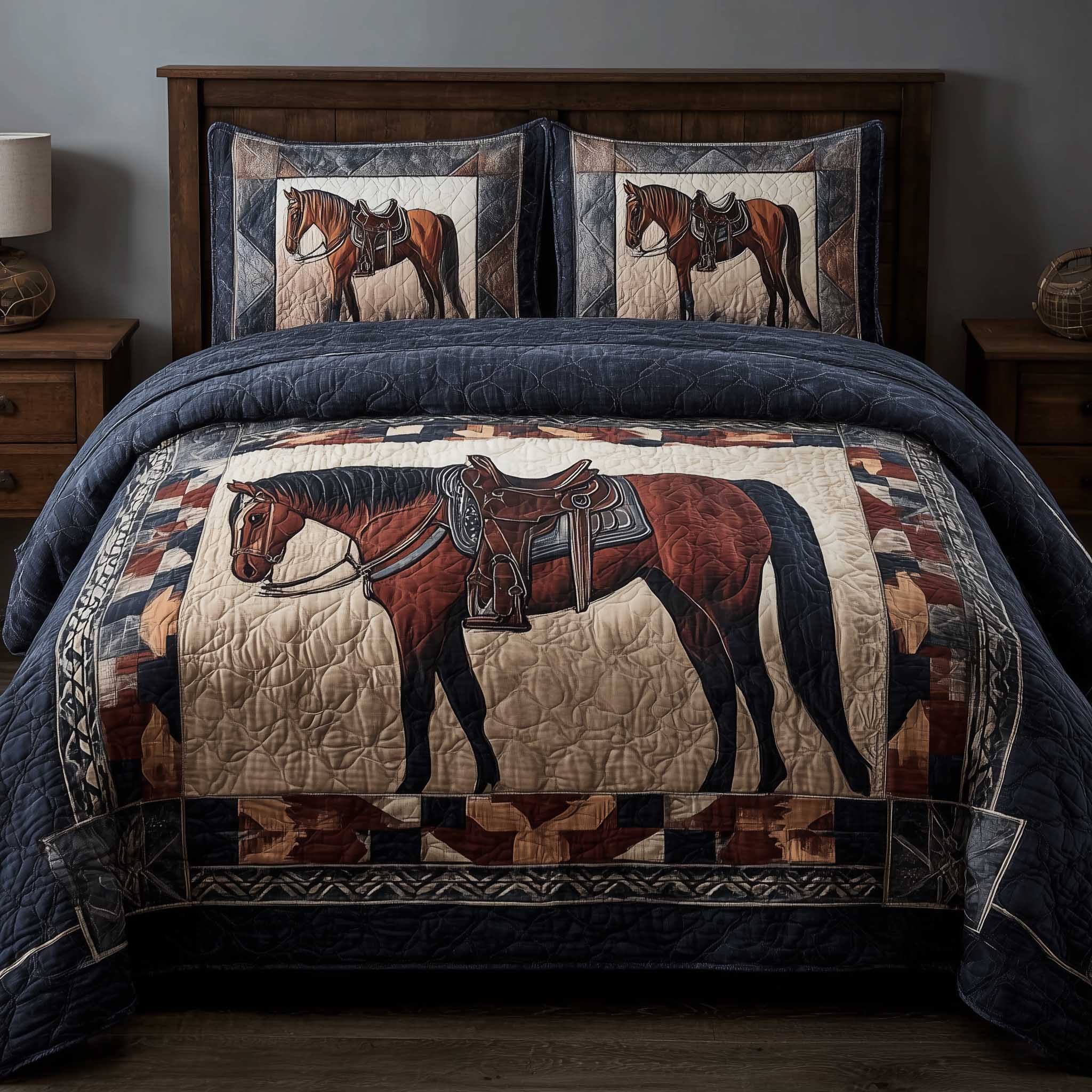 Prairie Horse Quilted Bedding Set Bed Room Art Gifts For Young Horse Riders