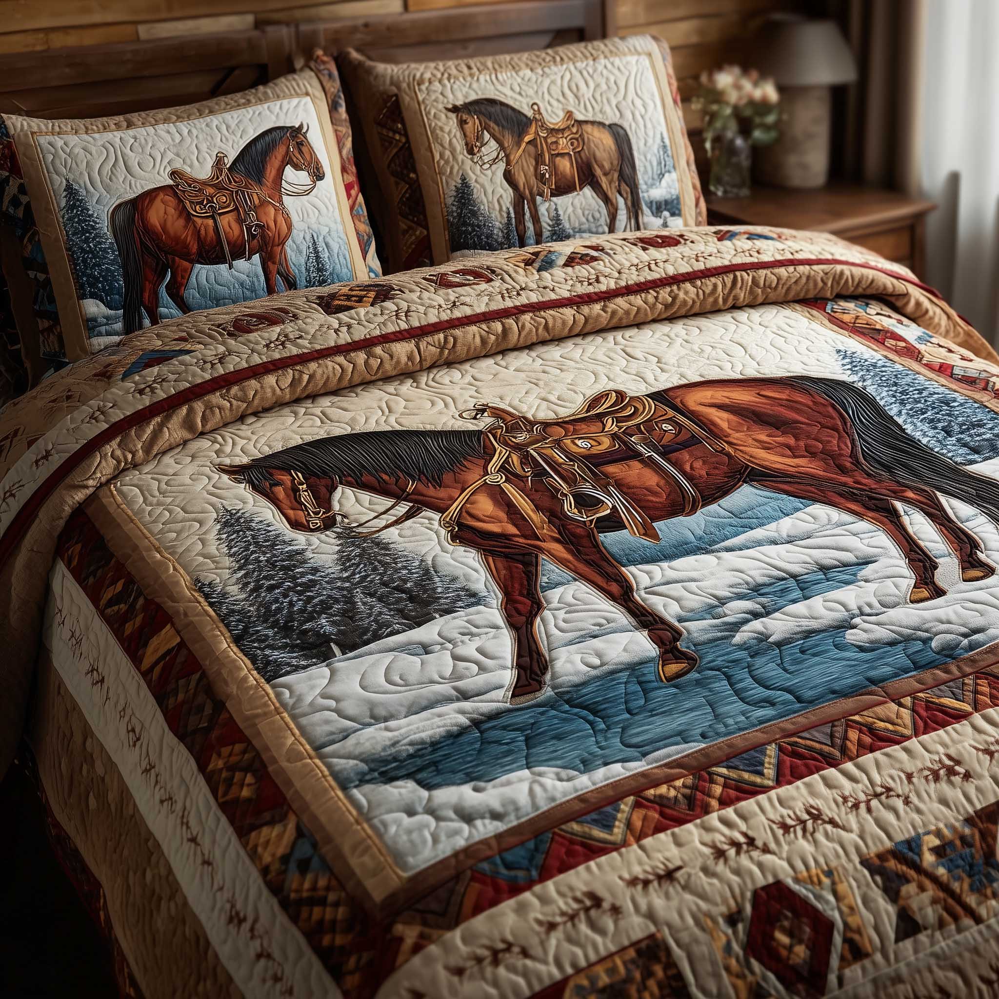 Prairie Horse Quilted Bedding Set Best Bedsheets Native American Merchandise Gift Items