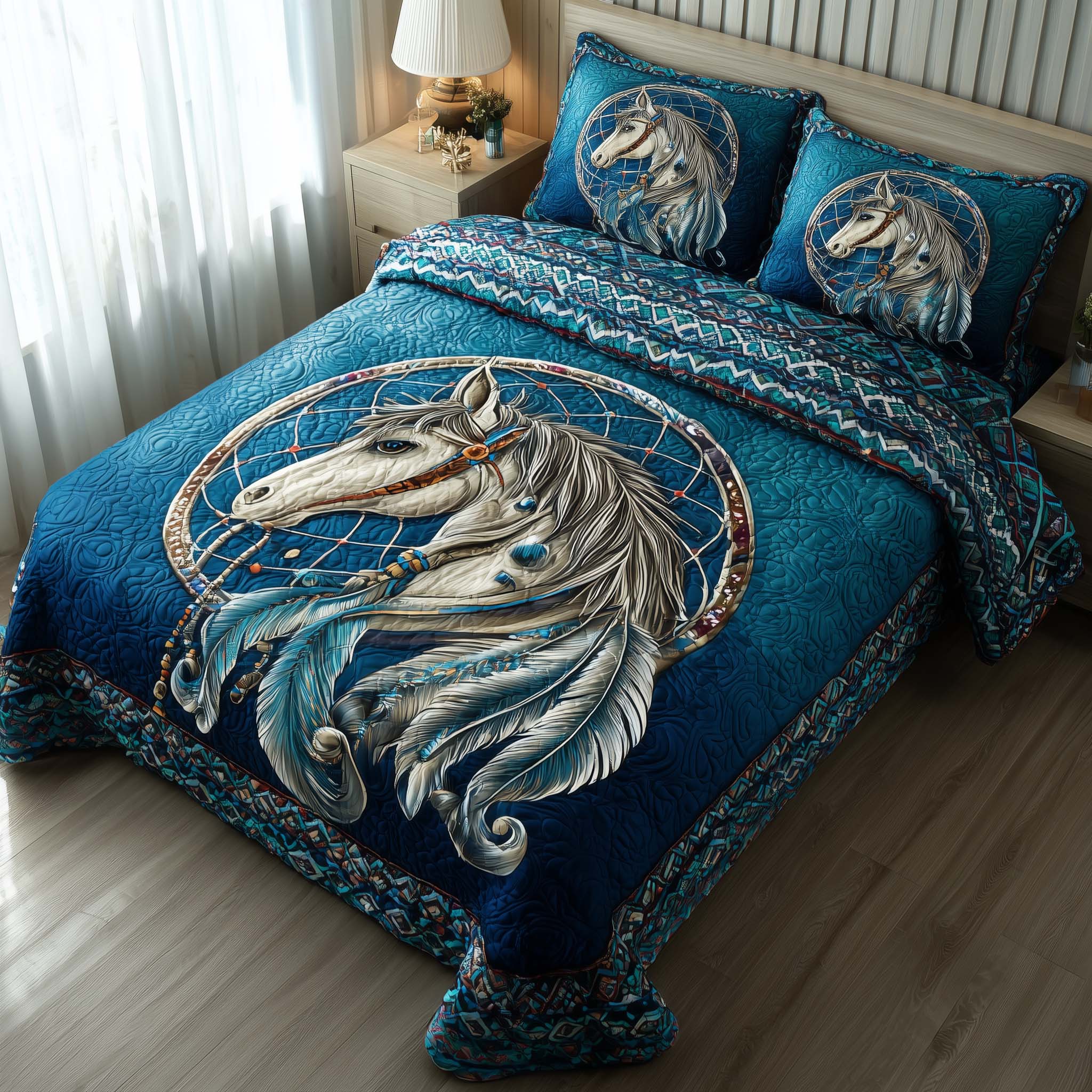 Prairie Horse Quilted Bedding Set Over The Bed Decor Native American Themed Gifts