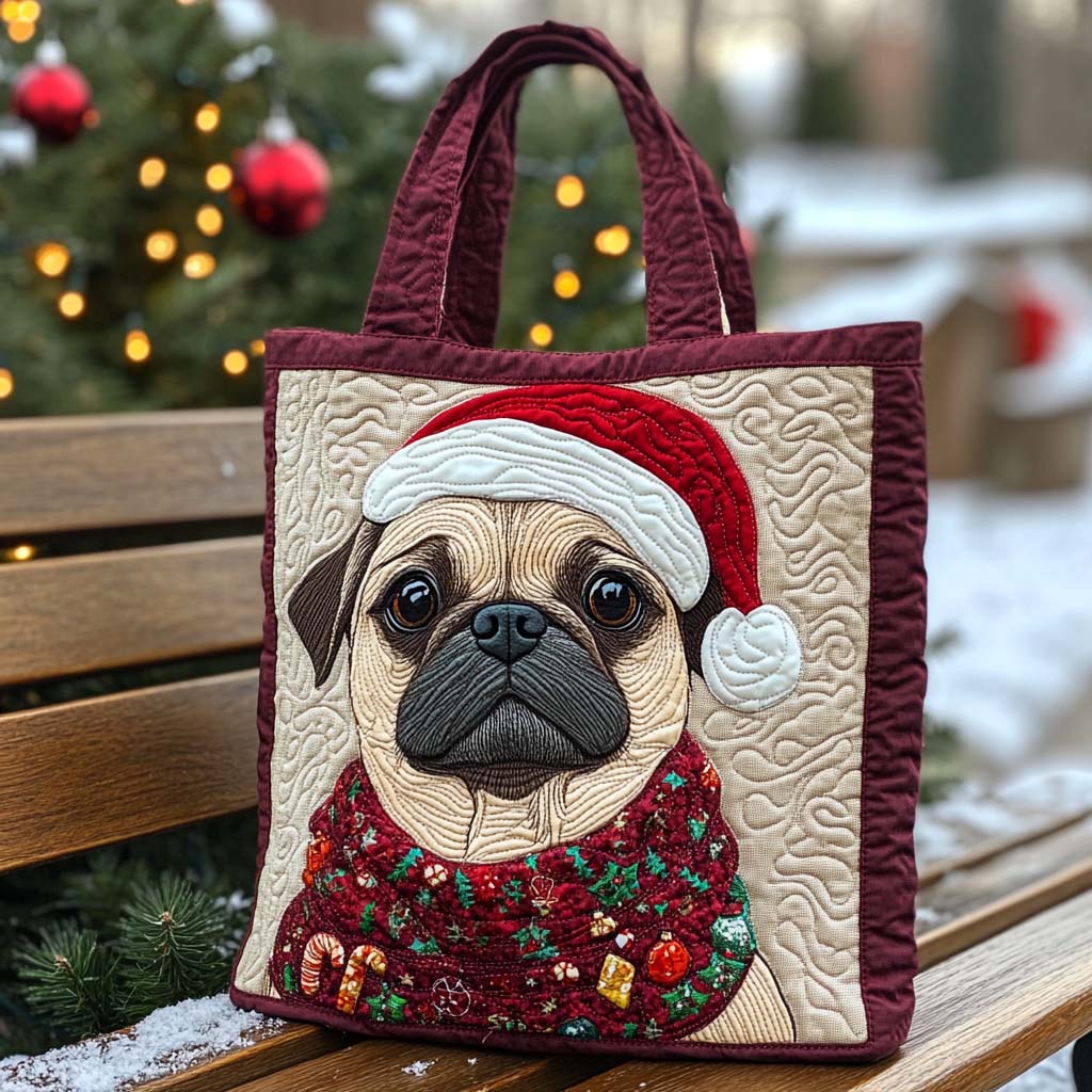 Pug Christmas Charm Quilted Tote Bag Shoulder Bag Cute Christmas Gifts For Pug Lovers