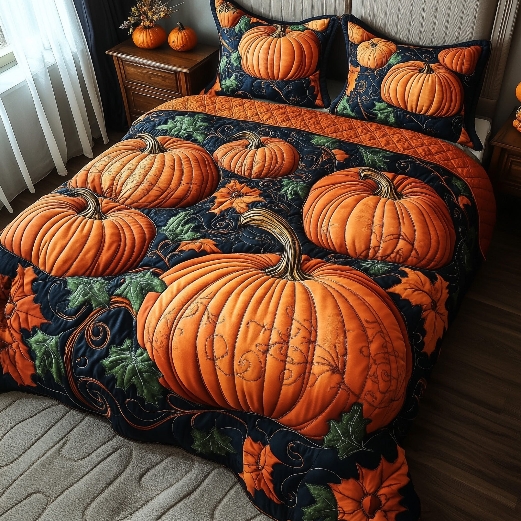 Pumpkin Haven Quilted Bedding Set Autumn Pumpkin Fields Unique Fall Holiday Gifts