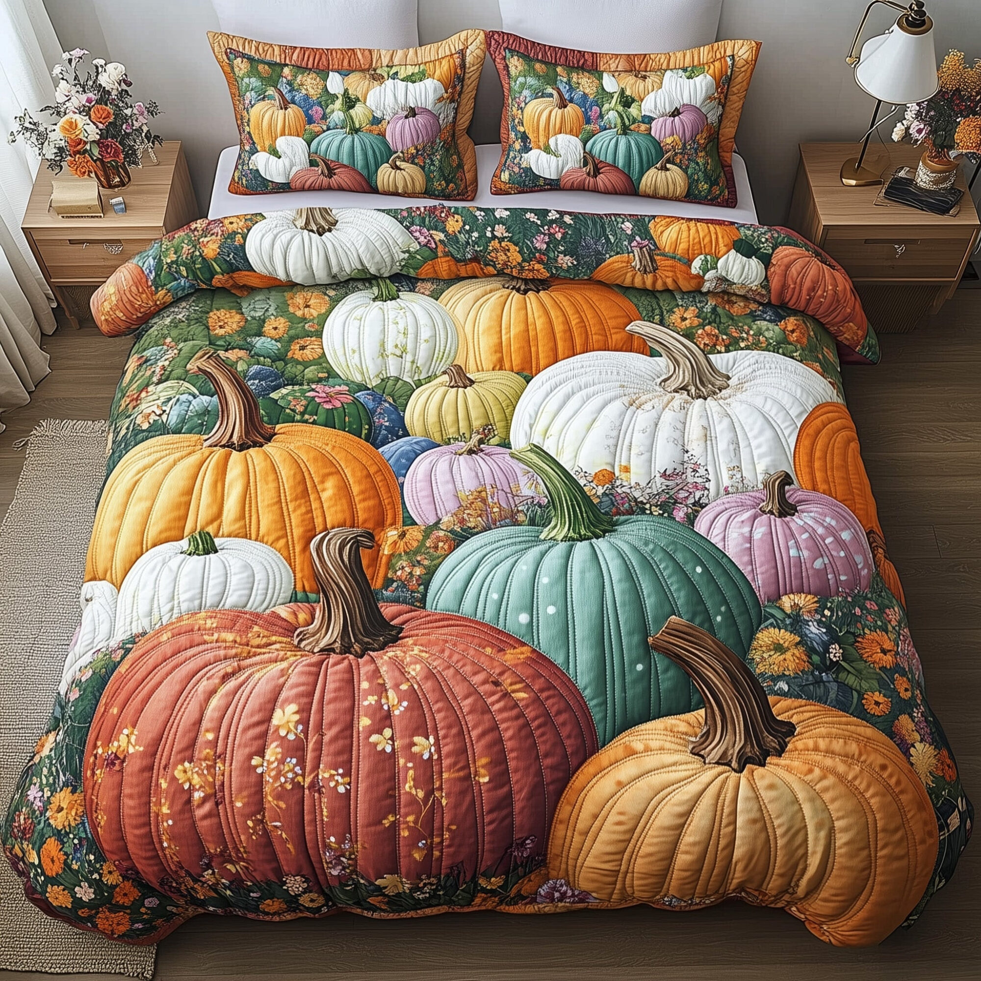 Pumpkin Haven Quilted Bedding Set Cozy Autumn Scene Design Best Autumn Gifts