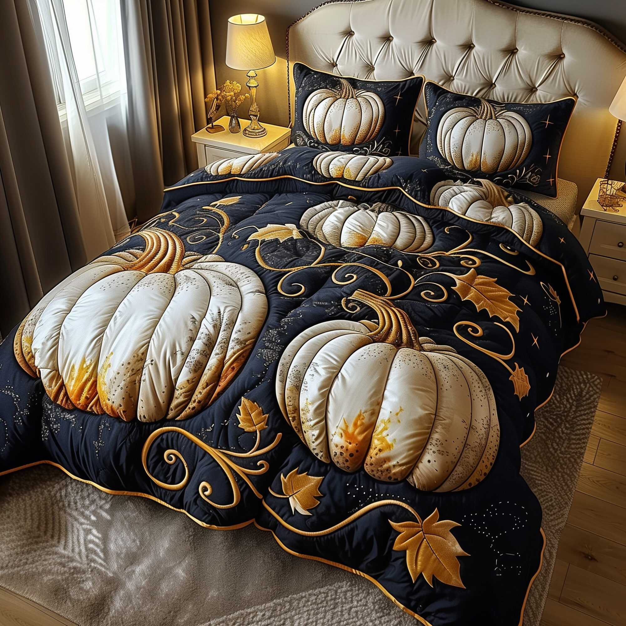 Pumpkin Haven Quilted Bedding Set Cozy Pumpkin Pattern Autumn Bedding Presents
