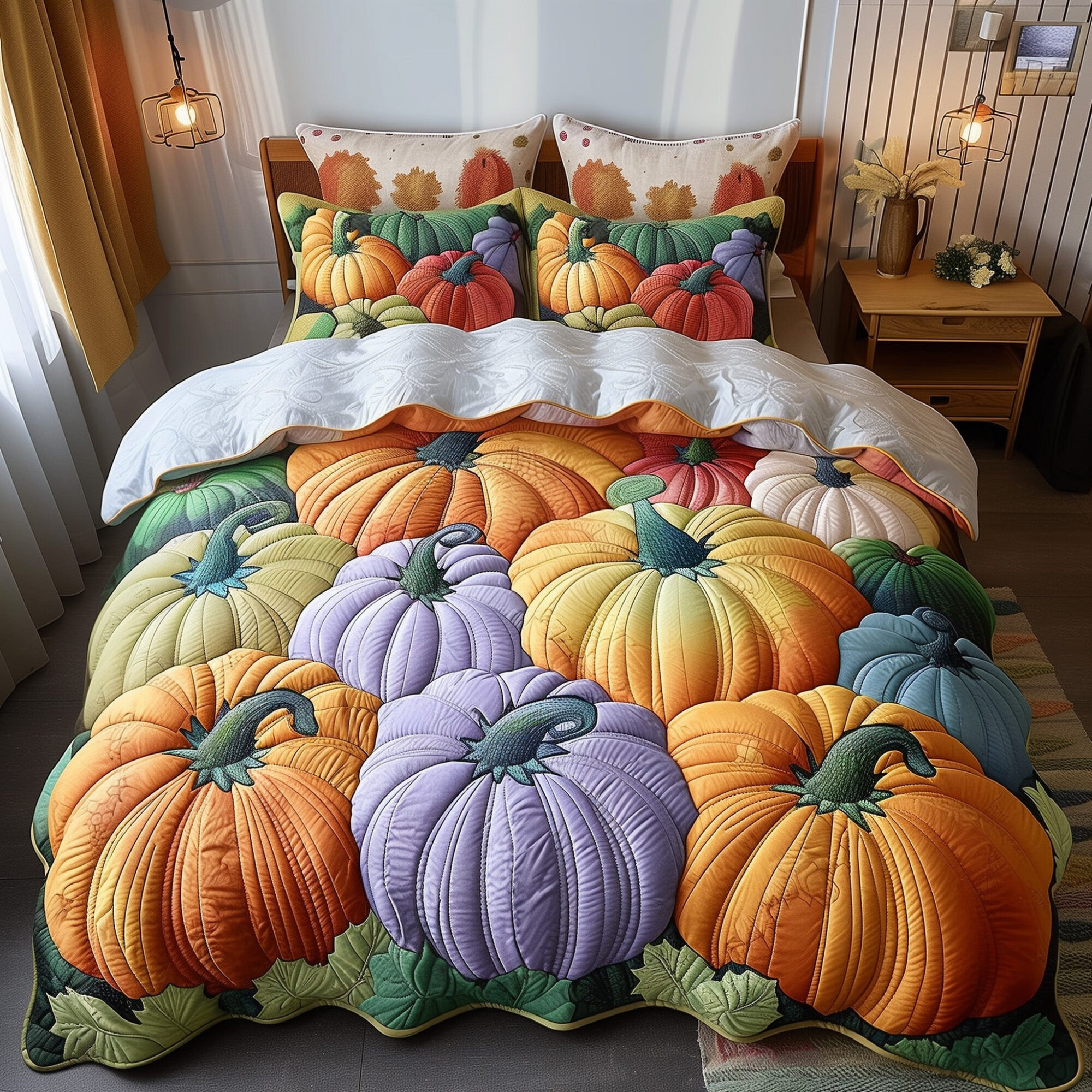 Pumpkin Haven Quilted Bedding Set Fall Festival Illustration Autumn Bedding Presents