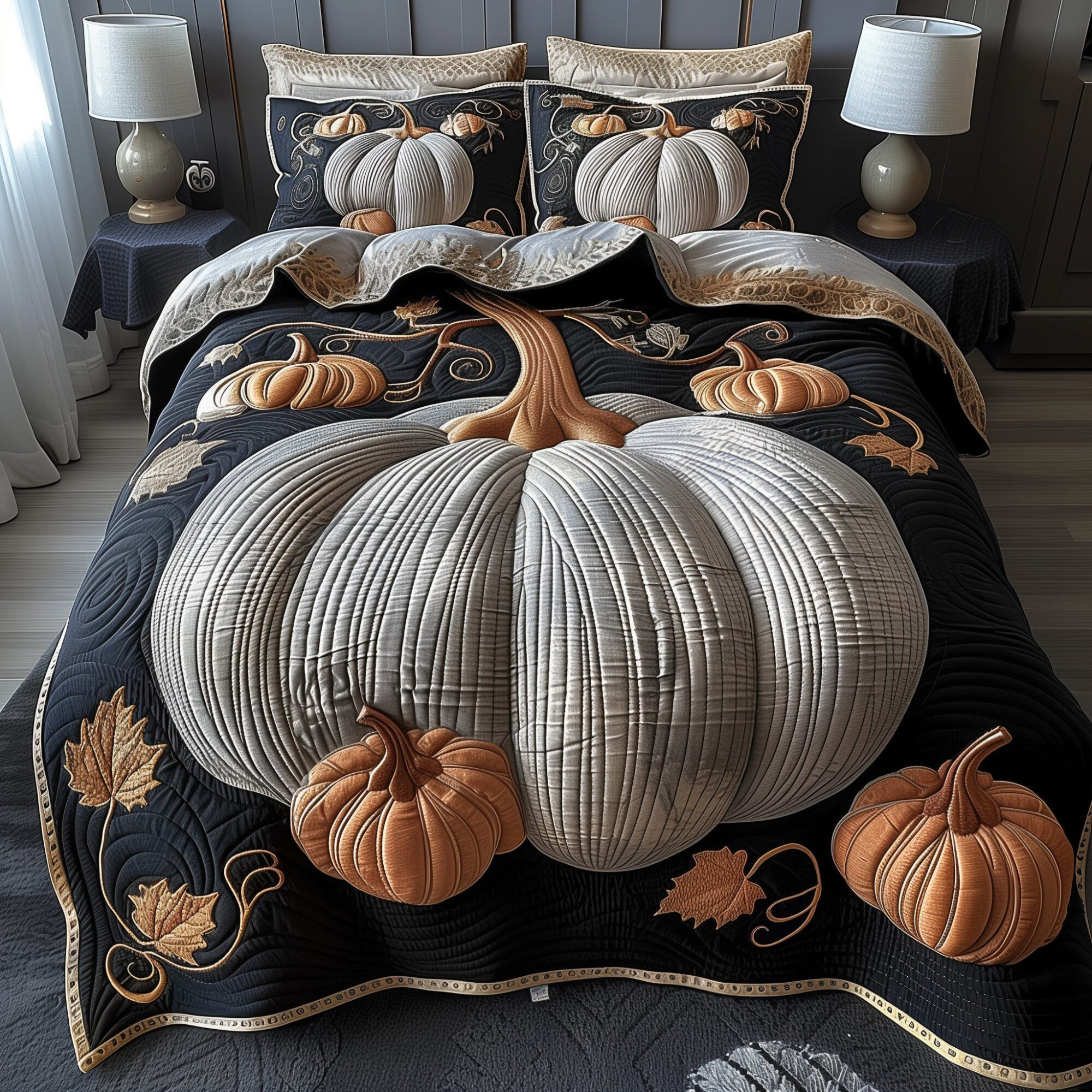 Pumpkin Haven Quilted Bedding Set Giant Pumpkin Pattern Best Gifts For Pumpkin Lovers