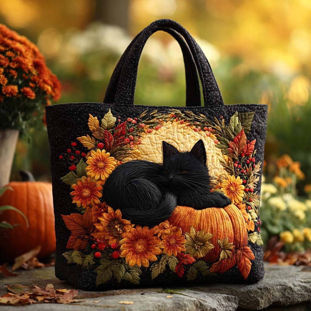 Pumpkin Patch Cat Quilted Tote Bag Trendy Shoulder Bags Fun Fall Gift Ideas