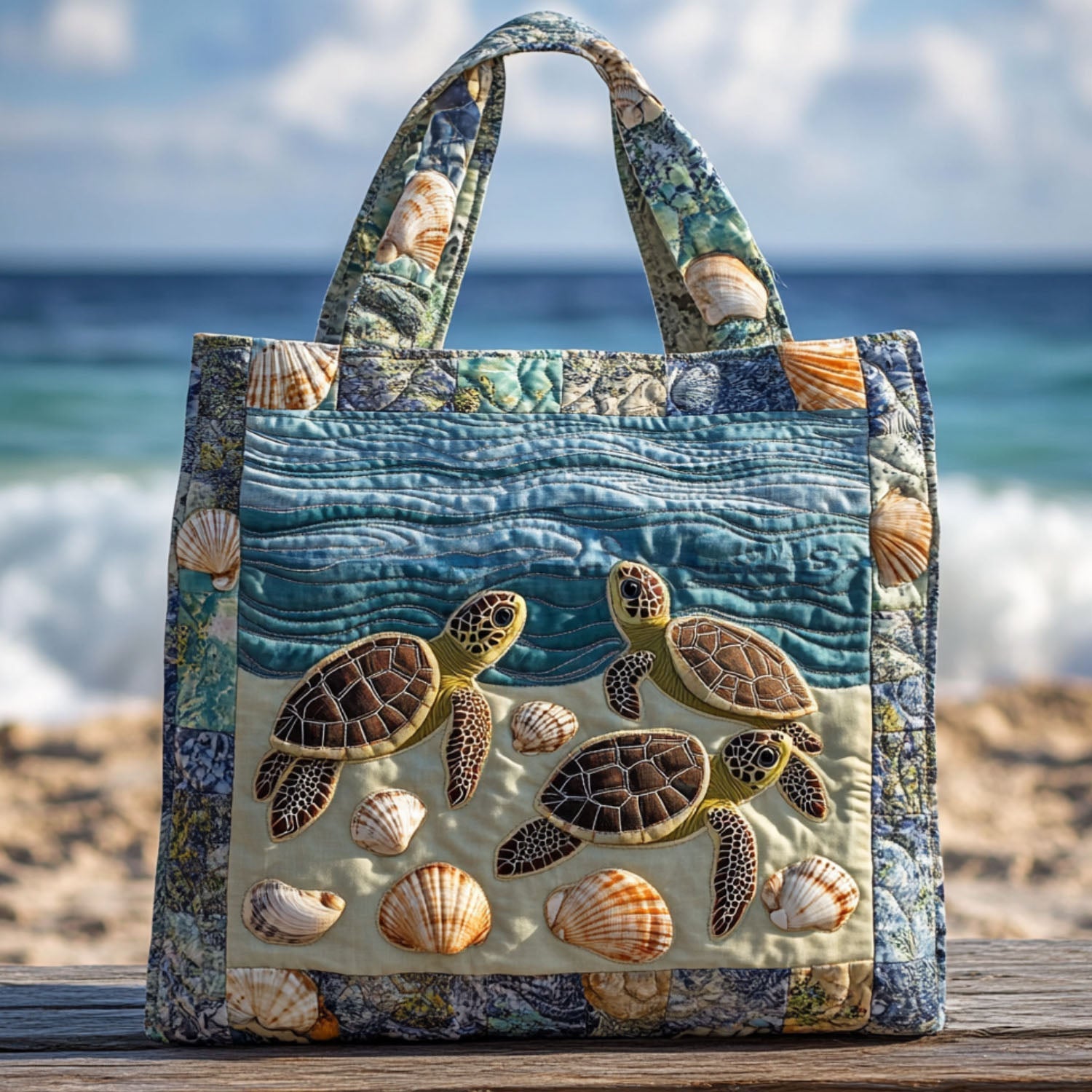 Quiet Adventurer Quilted Tote Bag Top Design Tote Bag Sea Turtle Merchandise