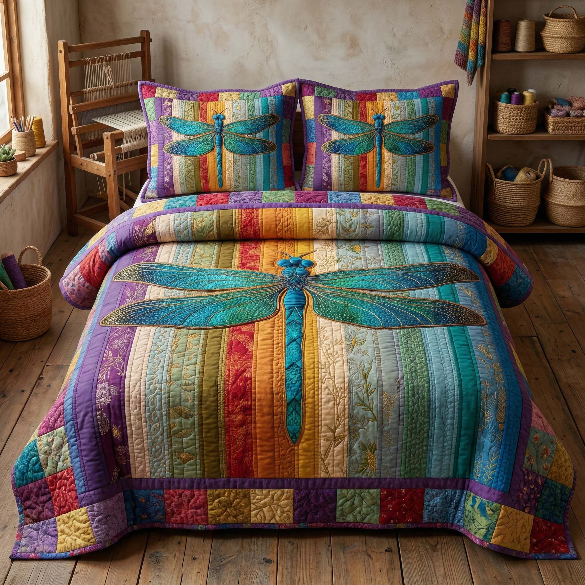 Rainbow Dragonfly Quilted Bedding Set Bedspreads Dragonfly Gift Ideas