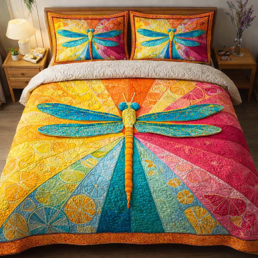Rainbow Dragonfly Quilted Bedding Set Nice Bed Sheet Sets Birthday Gifts For Dragonfly Lovers
