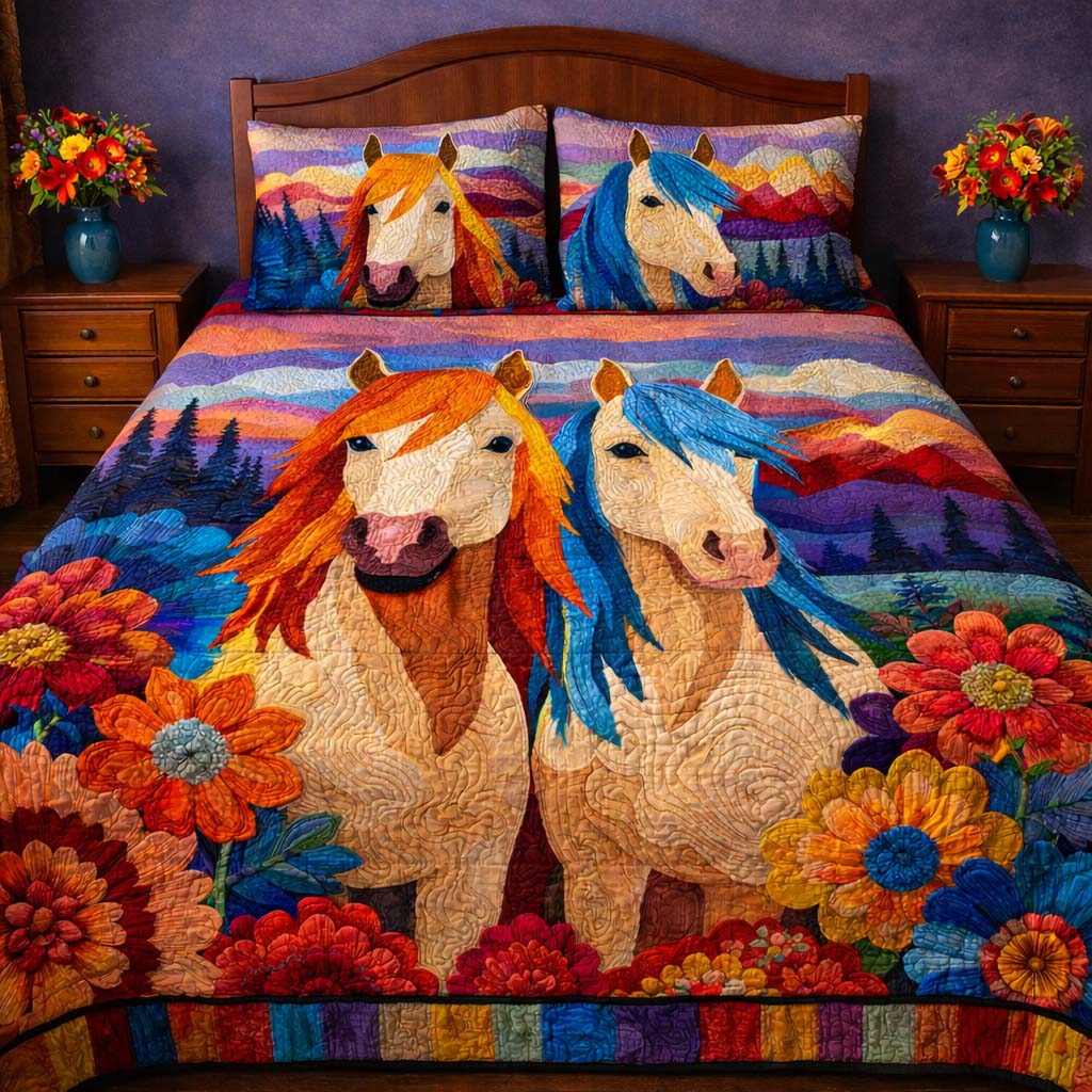 Rainbow Meadow Horses Quilted Bedding Set Good Bed Sheet Sets Horse Themed Gifts For Adults