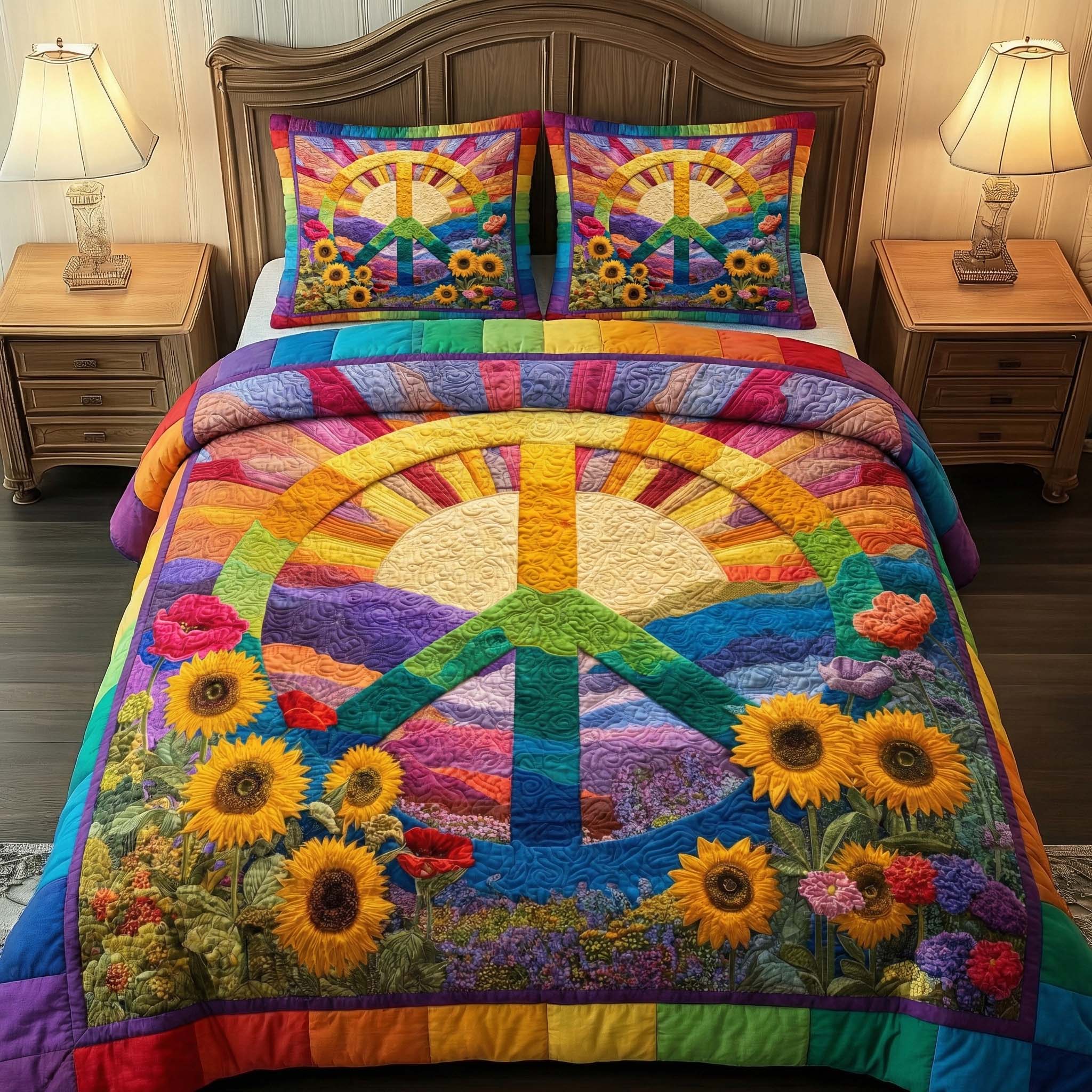 Rainbow Peace Quilted Bedding Set Best Sheet Sets Gifts For Hippie Sister