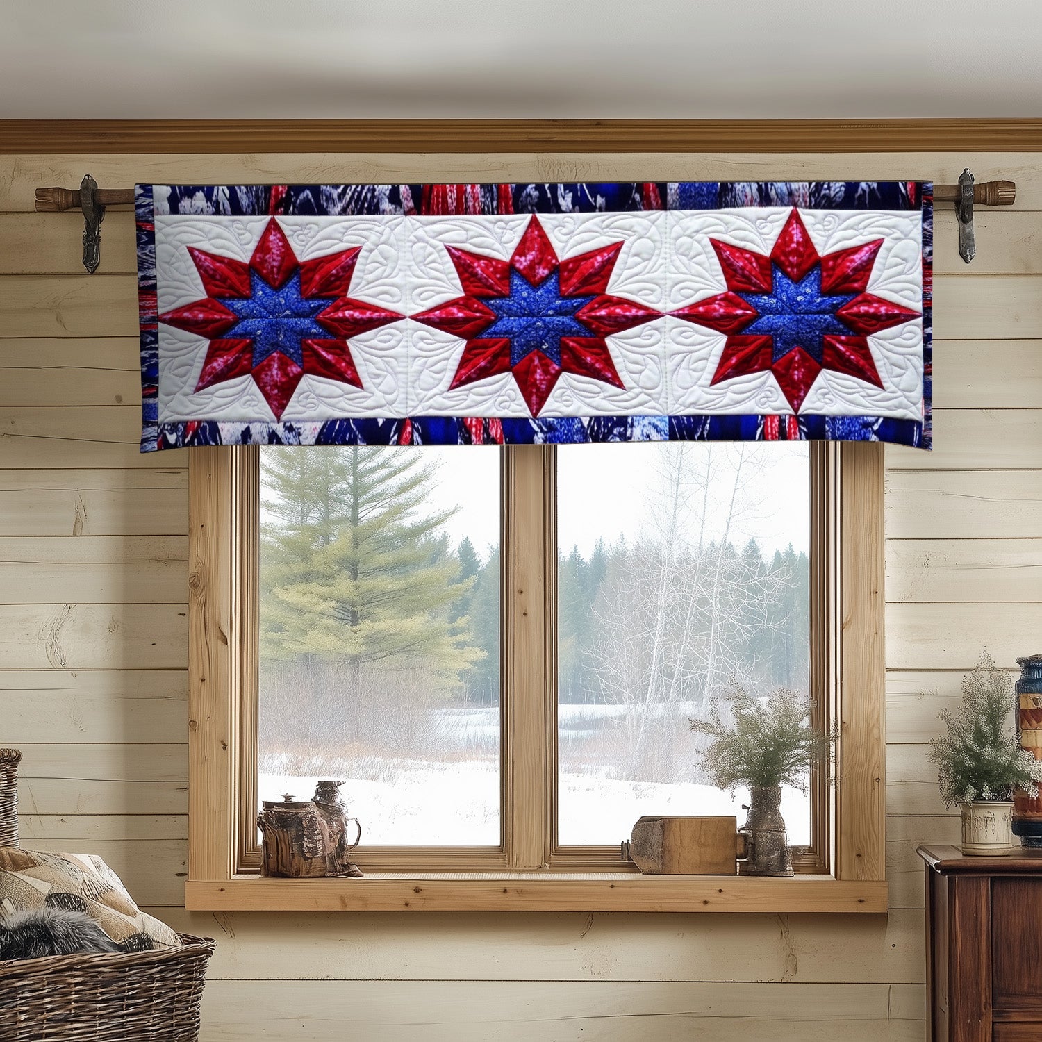 Red and Blue Stars Quilted Valance Entry Way Ideas Native American Gifts Online