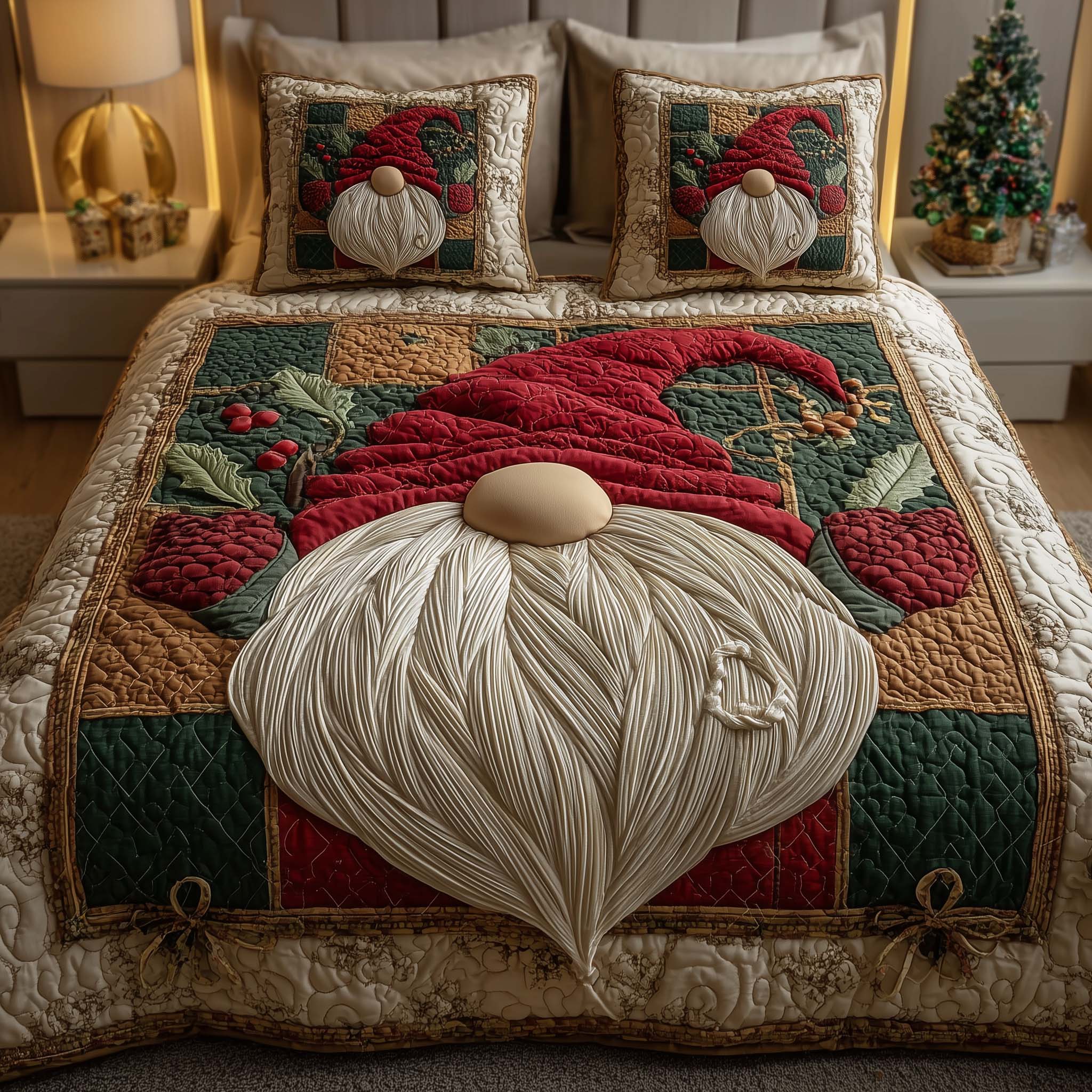 Red Hat Gnome Quilted Bedding Set Christmas Comforter Queen Gnome Gifts For Her