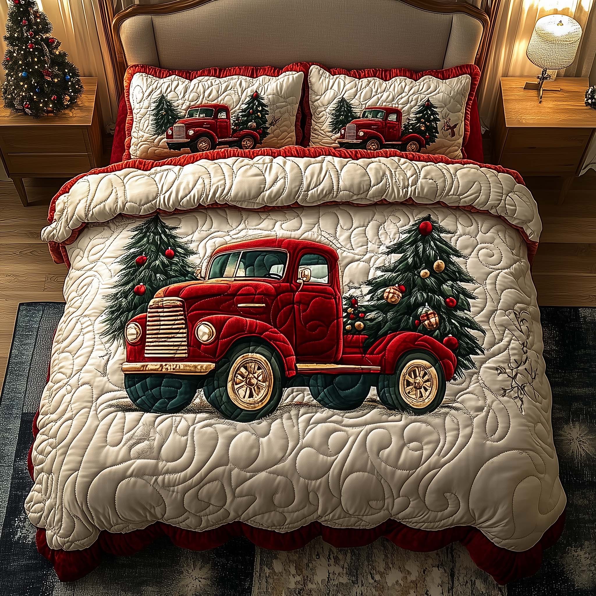 Red Truck Quilted Bedding Set Christmas Duvet Cover Holiday Gifts For Employees