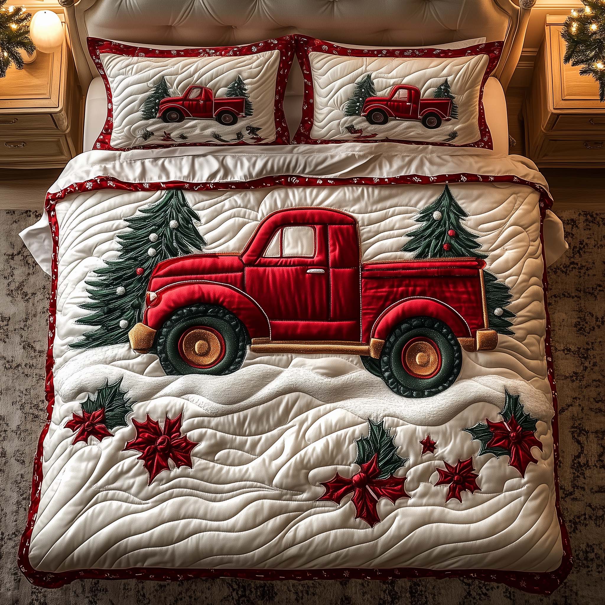 Red Truck Quilted Bedding Set Cozy Christmas Bedroom Ideas Christmas Gifts For Wife