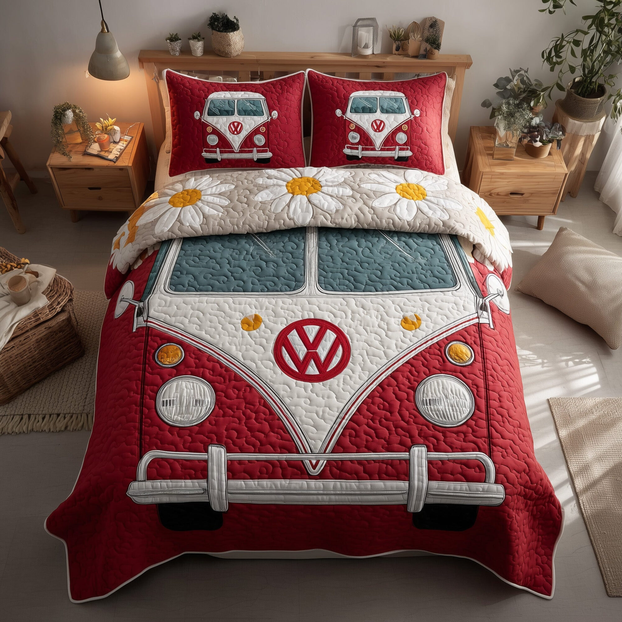 Retro Hippie Van Quilted Bedding Set Daisy Flower Hippie Red Bus Boho Style Gifts