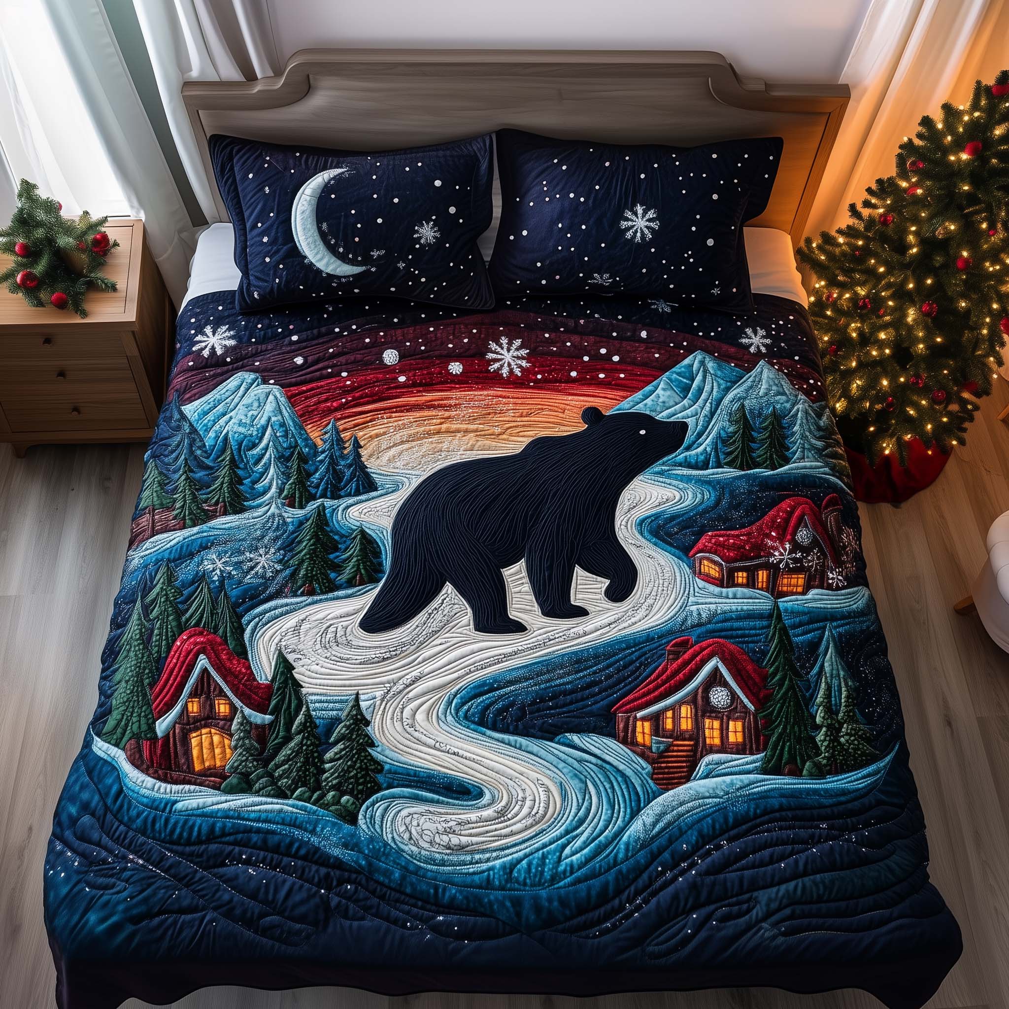 River Bear Quilted Bedding Set Santa Duvet Cover Cute Bear Themed Gifts