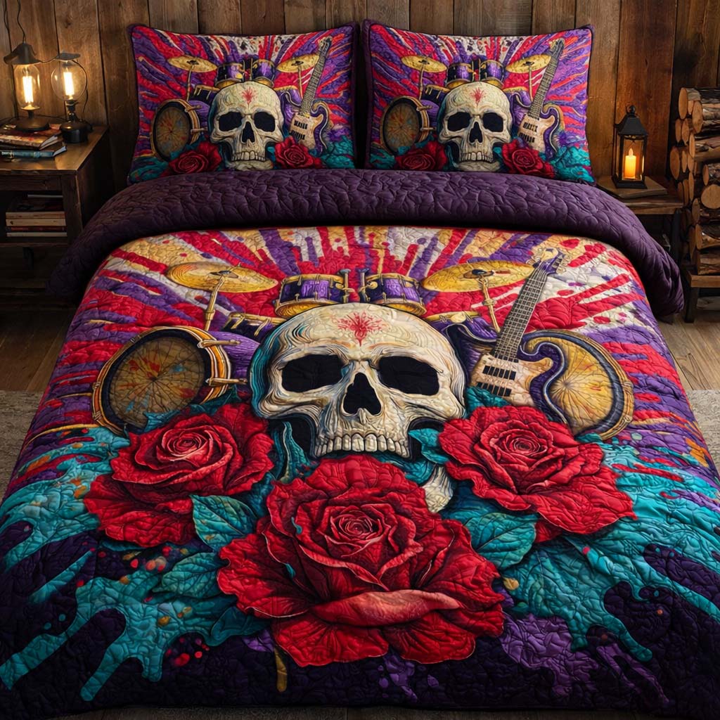 Rock Bloom Quilted Bedding Set Best Sheets Ever Skull Themed Gifts For Him