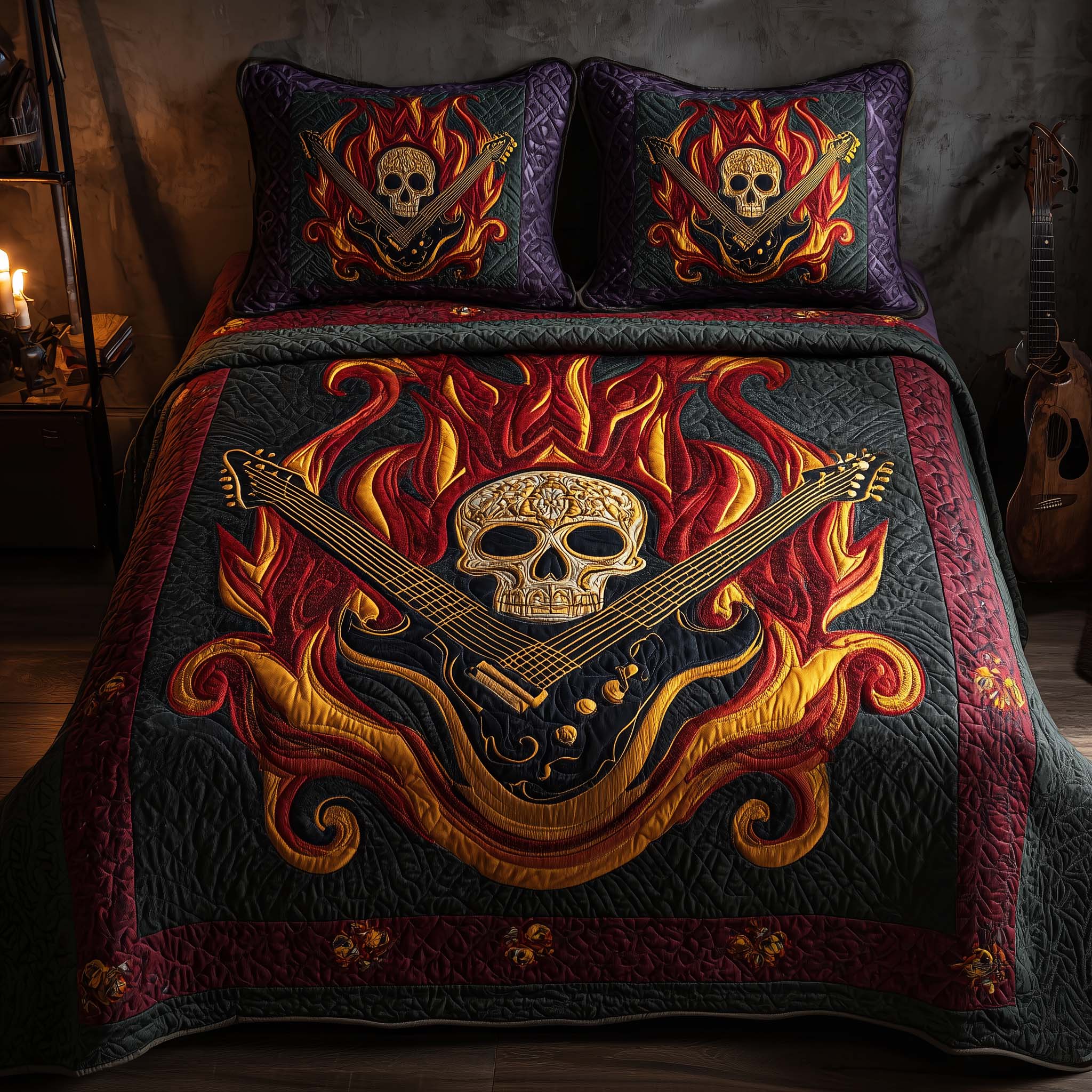 Rock Metal Skull Quilted Bedding Set Good Bed Sets Gifts For Skull Lovers