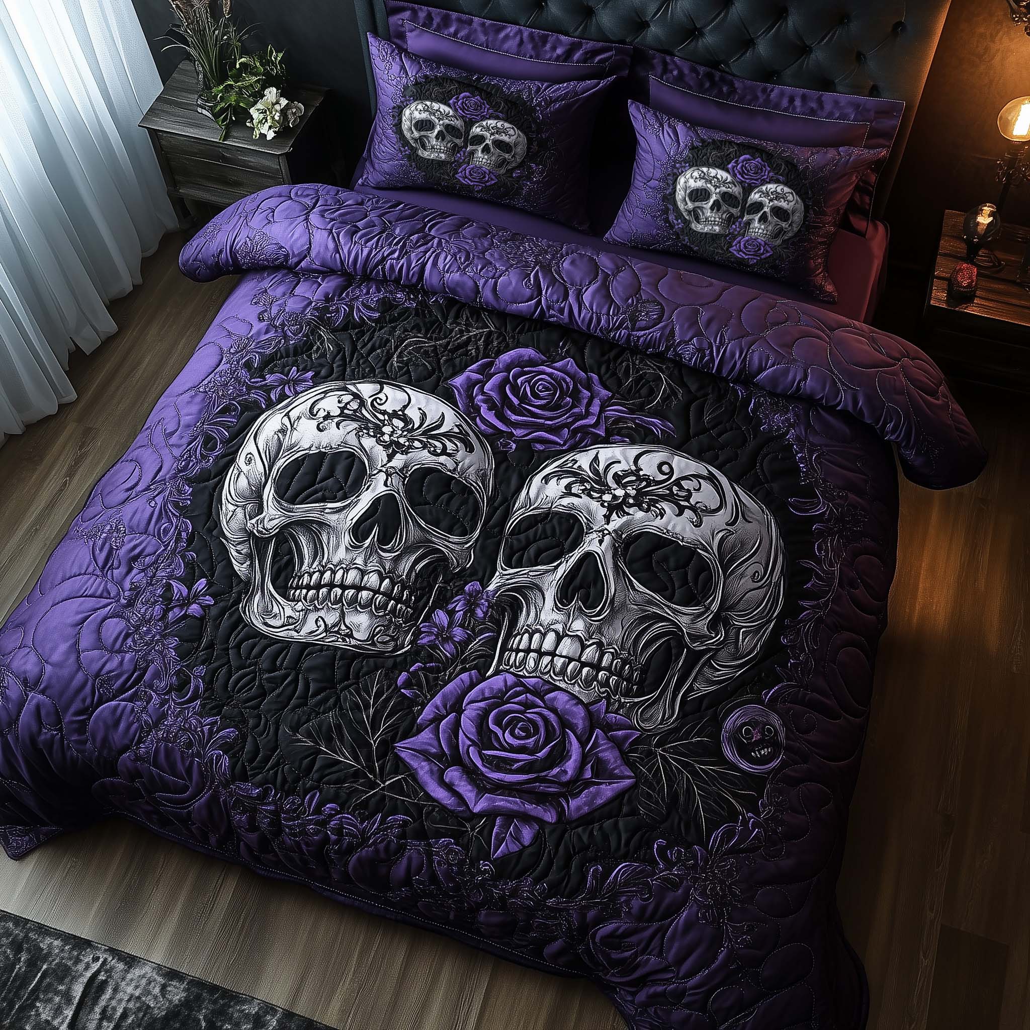 Romantic Gothic Skulls Quilted Bedding Set Bed Room Decoration Skull Stuff For Guys