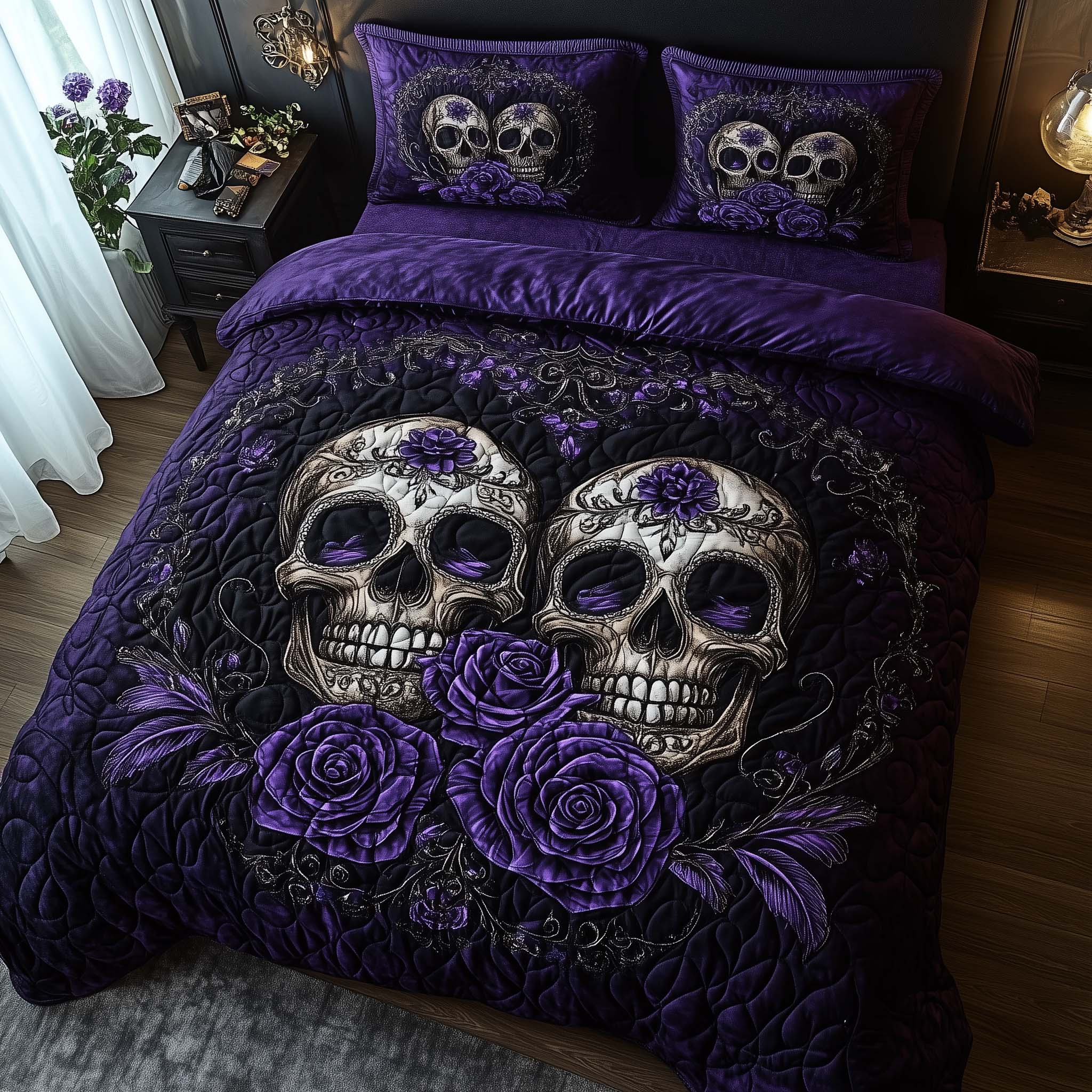 Romantic Gothic Skulls Quilted Bedding Set Bedspreads Unique Skull Gifts