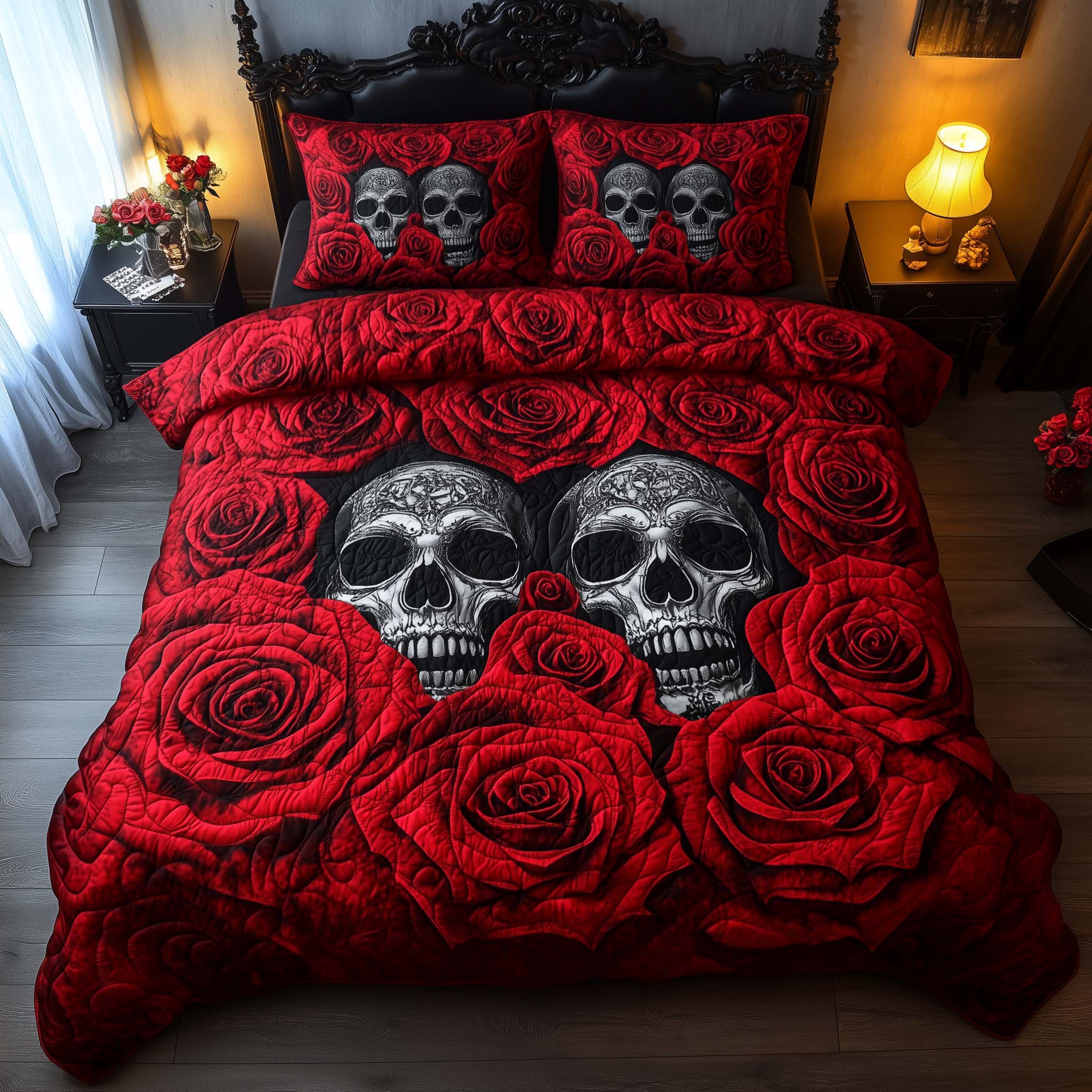 Romantic Gothic Skulls Quilted Bedding Set Best King Size Sheets Skull Gifts For Men Women