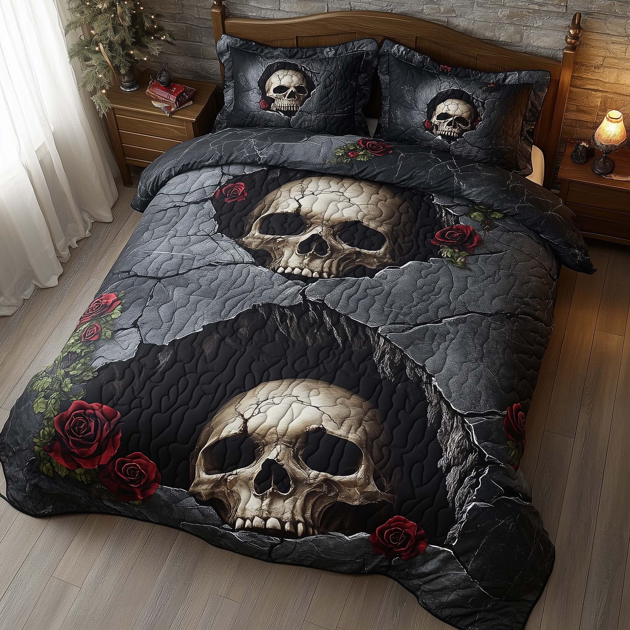 Romantic Gothic Skulls Quilted Bedding Set Best King Size Sheets Skull Themed Gifts